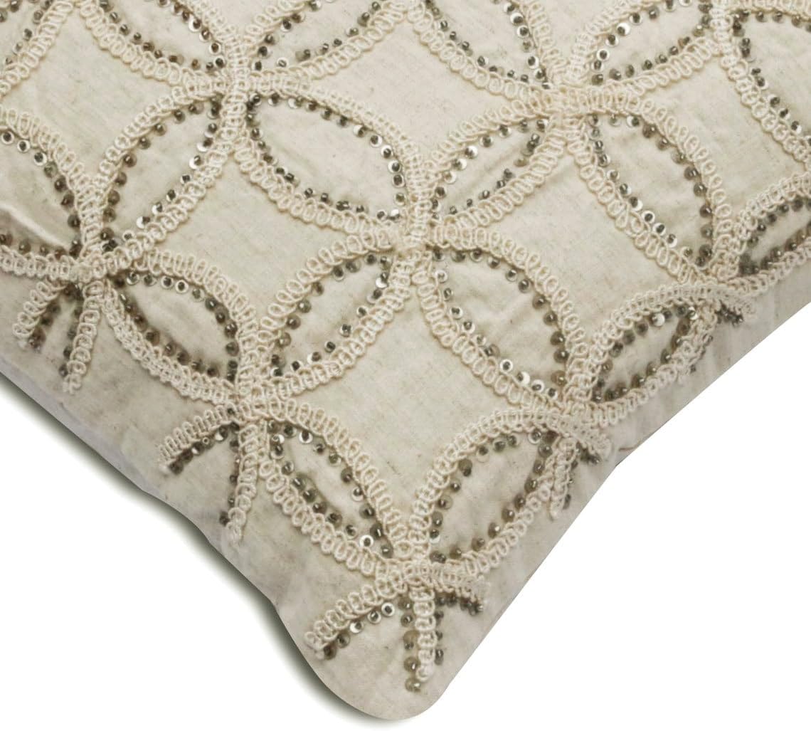 The HomeCentric Throw Pillow Covers, Beige 18"x18" (45x45 cm) Throw Pillow Covers, Linen Circles, Lace & Sequins Throw Pillows for Sofa, Geometric Pattern Contemporary Easter - Alaina