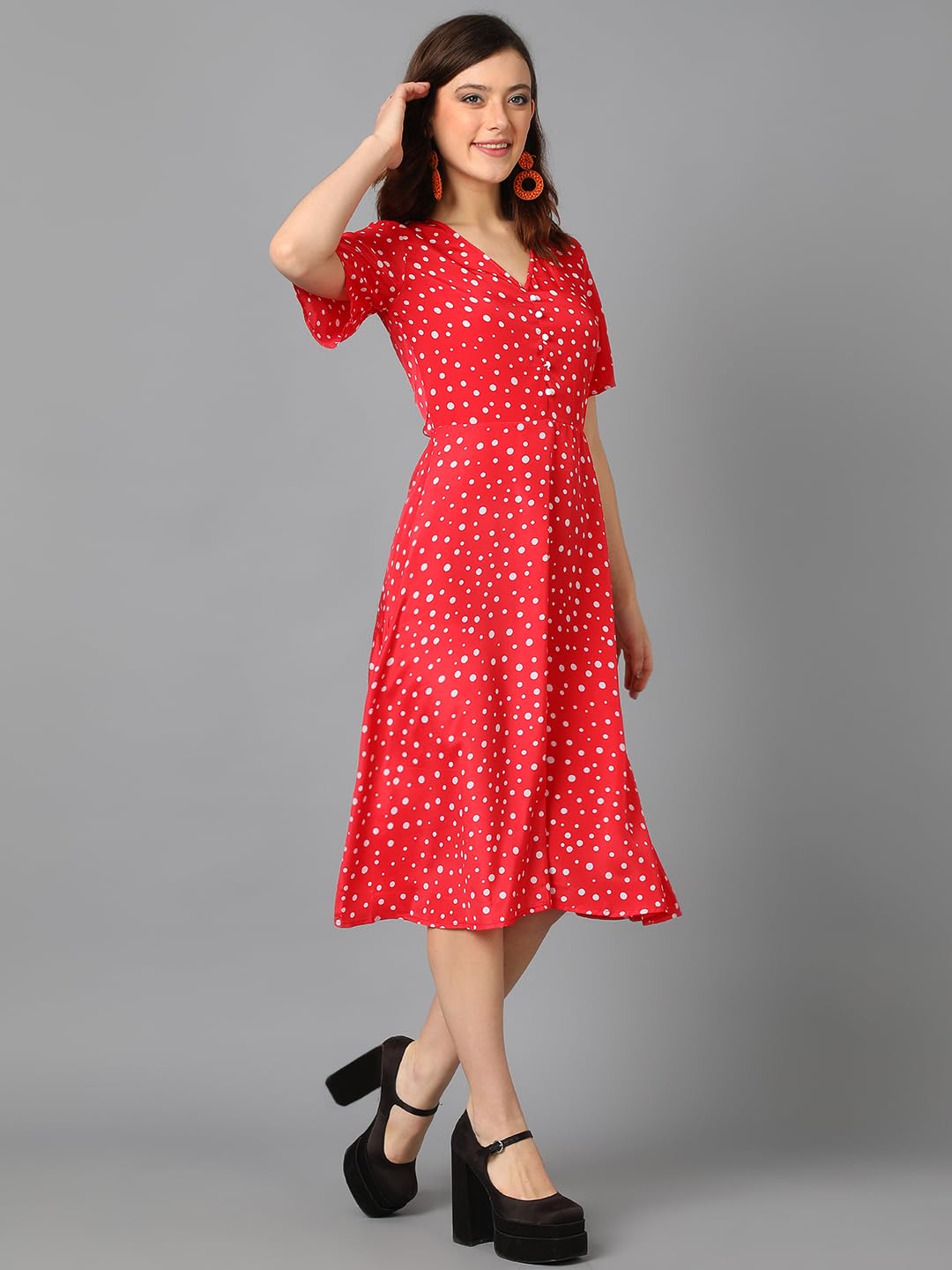 Kotty Women's Fit And Flare V Neck Dress(Red,M)