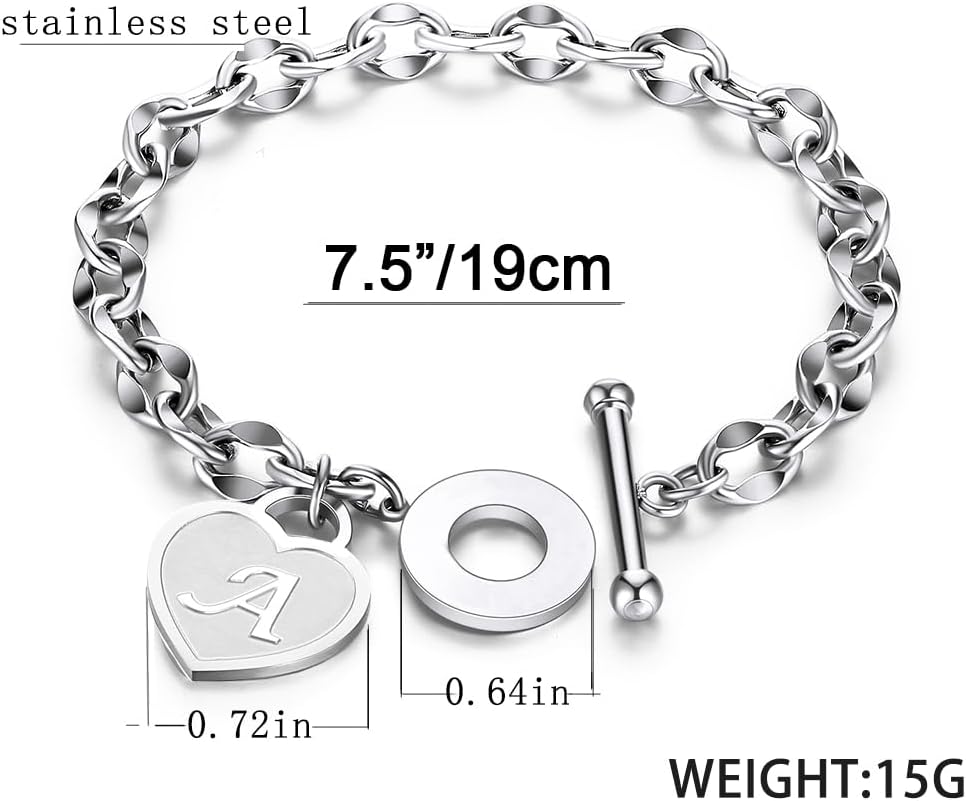 Initial Heart Charm Bracelets for Women 14K gold/Silver Tone Stainless Steel OT Clasp Heart A-Z Letter Name Bangle Bracelet Gifts - Image 4
