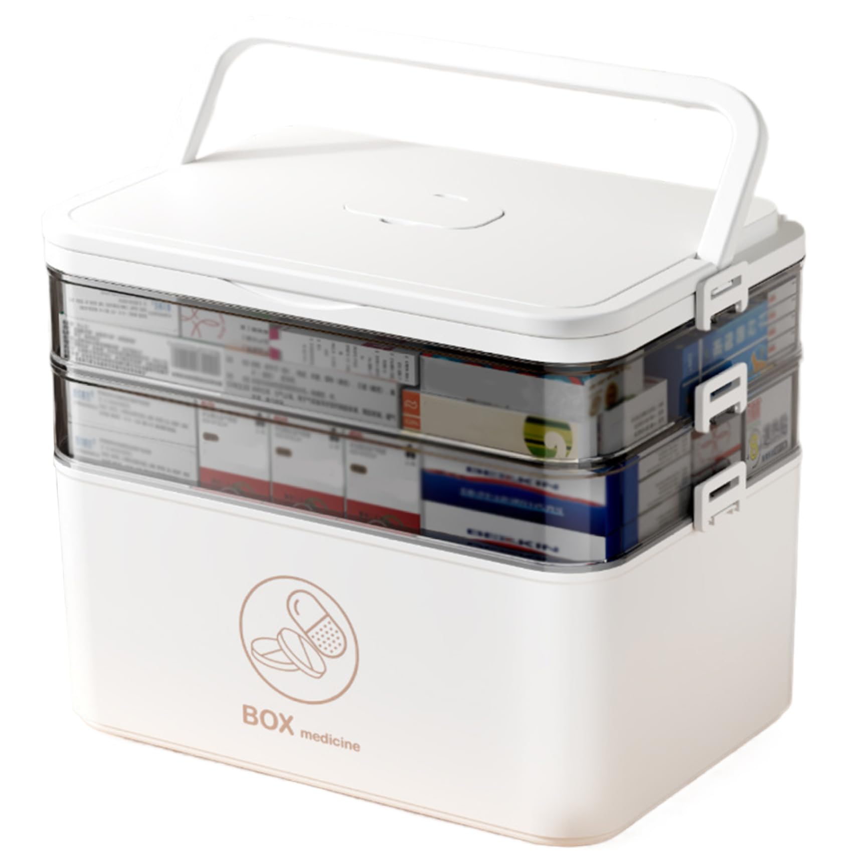Caja de almacenamiento de medicamentos, caja de almacenamiento de primeros auxilios de plástico de 3 niveles, caja de medicina de emergencia particionada, caja de medicina con mango y bandejas duales