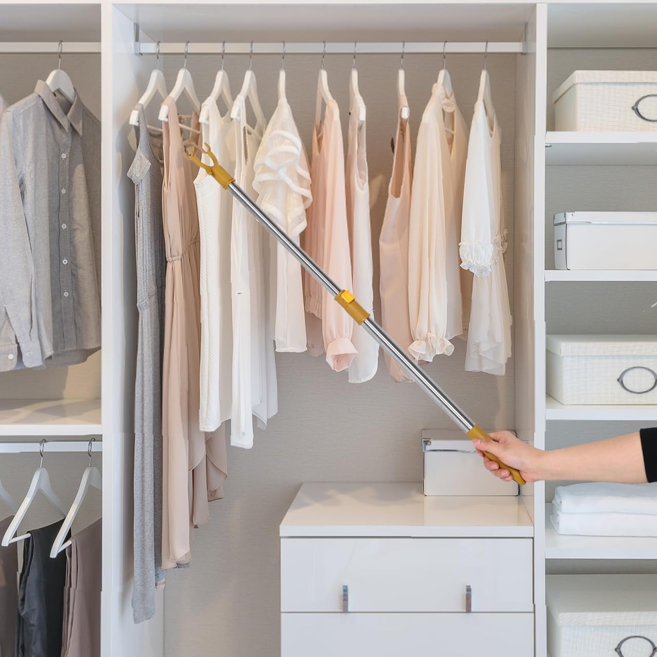 ABOOFAN Clothes Hook Pole Extendable Clothes Hanger Reach Stick for Hanging Garment,Light,Curtains Stainless Steel Tube with Plastic Hook