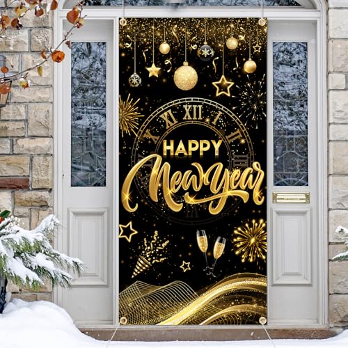 New Year's Decorations 2025 Door Cover - Black and Gold Happy New Year Banner for Front Porch, Eve Party Supplies