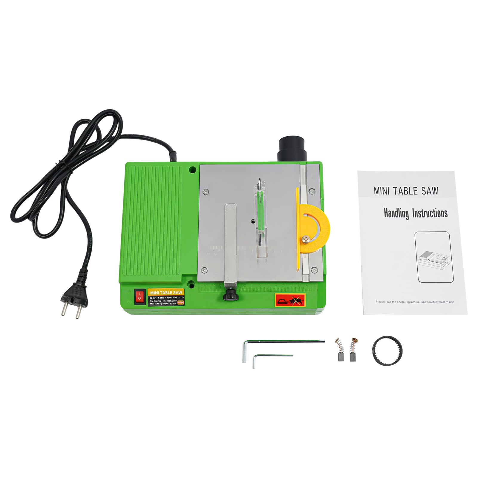 Mini sega da tavolo, 480 W, 220 V, 8800 giri/min, sega da tavolo assemblabile, adatta per tagliare, levigare e intagliare, per tavolo fai da te e uso domestico, verde ecologico
