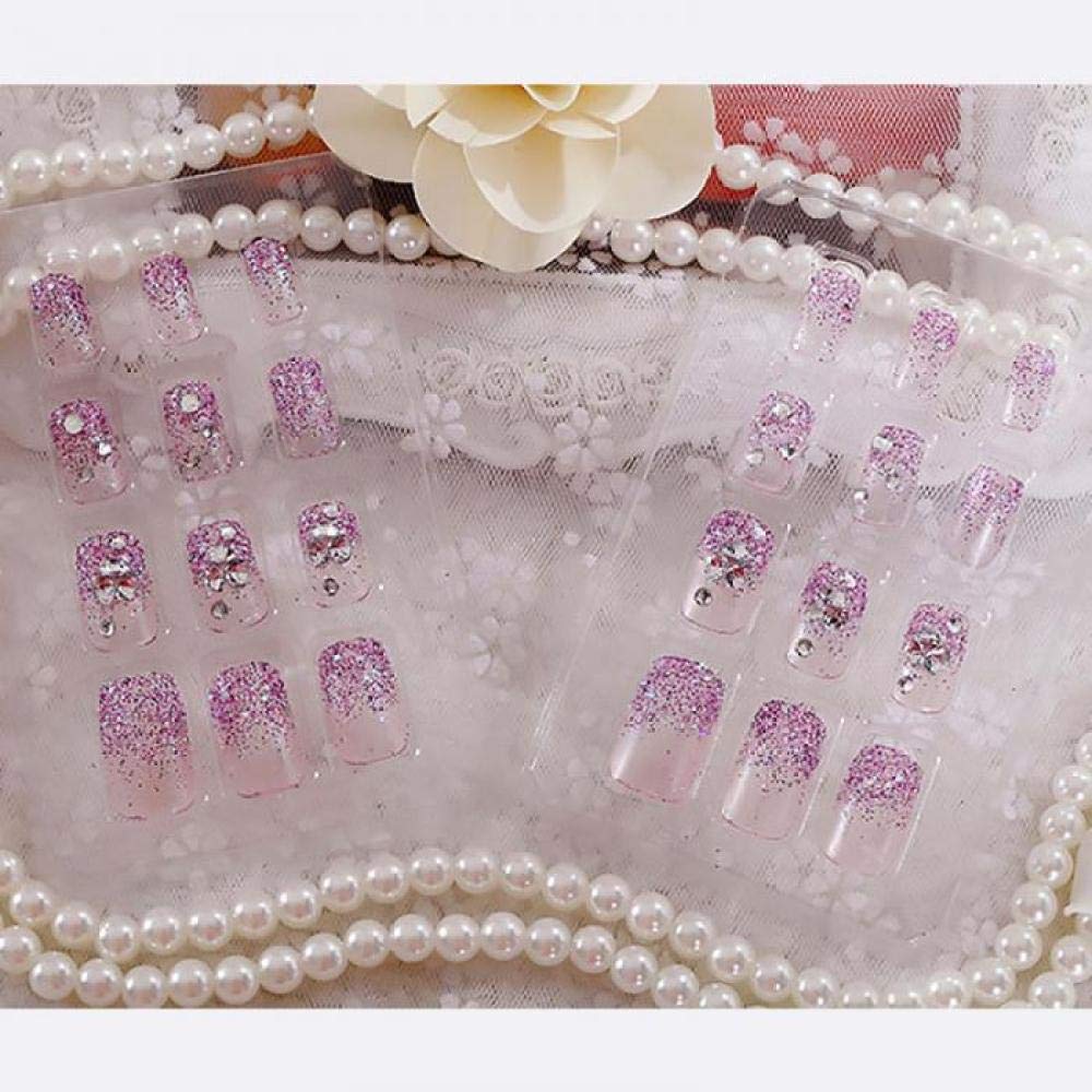 ACiyD Künstliche Nägel im französischen Stil, Lange falsche Nägel, Blumen-Design, Glitzer-Nagelkunst, Tipps für Mädchen, süße, hellviolette Farbe, gefälschter Nagel