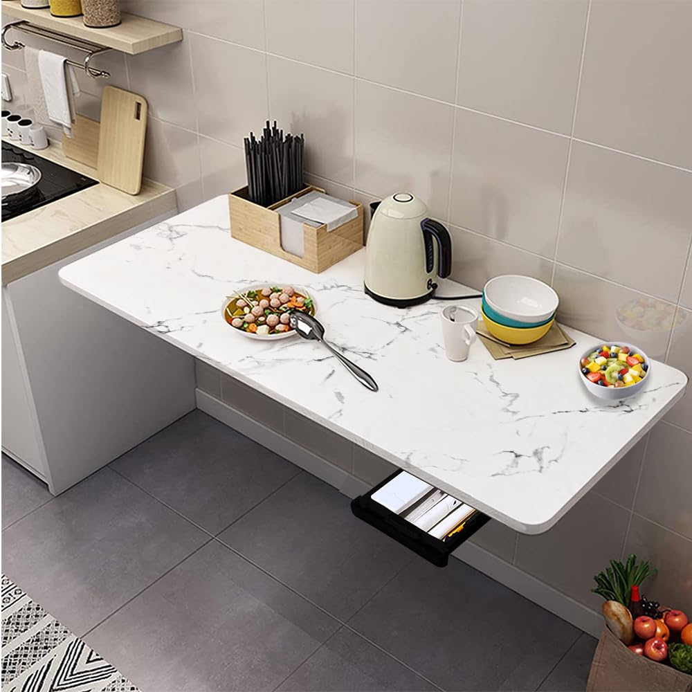 Torche 16X40 Inches Marble Finish Wall Mounted Table| Wall Mount Table| Wall Foldable Desk for Home & Office| Wall Table for Study with Drawer(Marble White)