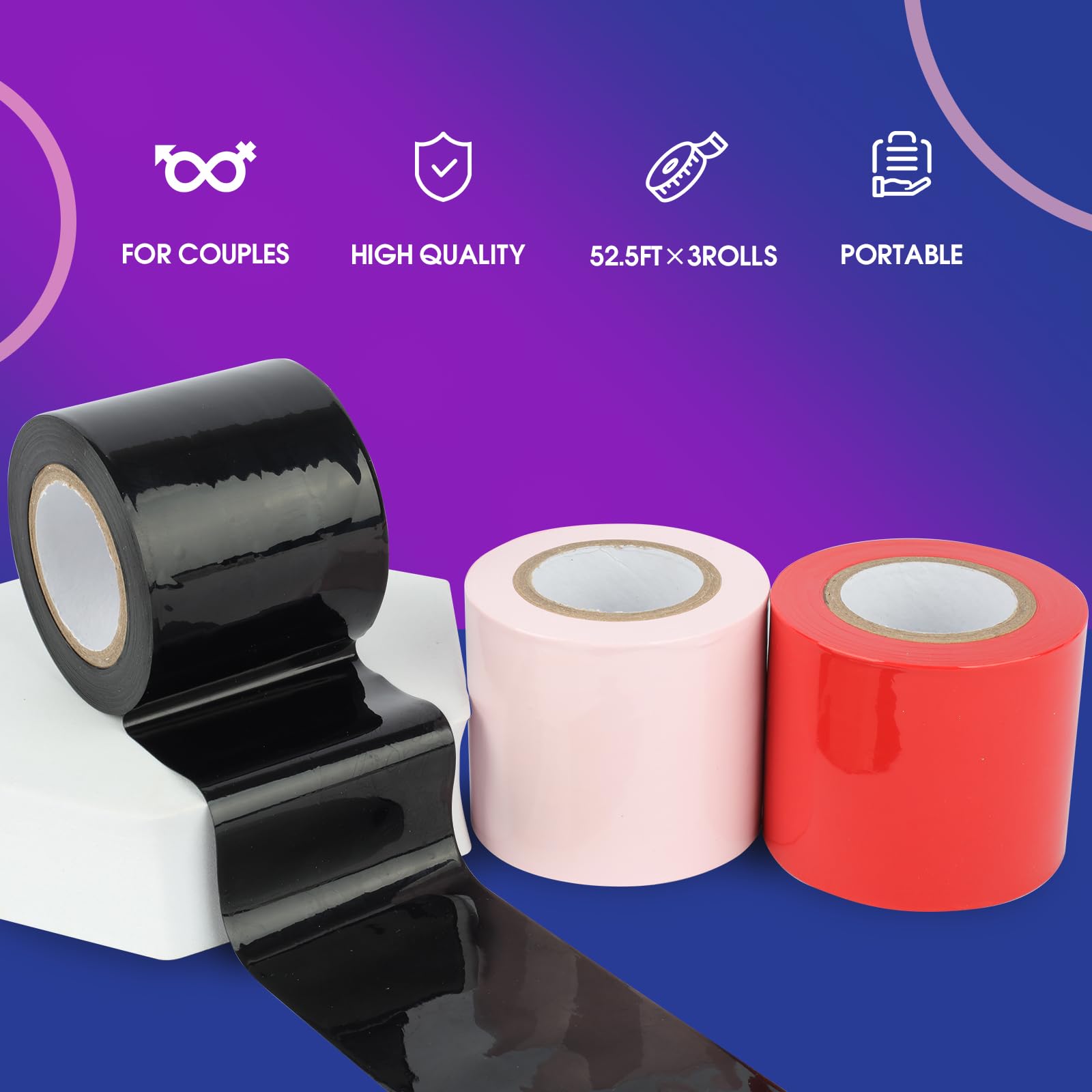 BDSM Bondage Restraints Tape Set – 3 Rolls Electrostatic Tape with Blindfold for BDSM Games Adult Sex Toys Bondage Tape Reusable Binding PVC Sex Things for Couples Kinky: Red,black,pink 52.5ft*3Rolls