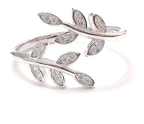 Sterling Silver 925 Clear CZ Ring Leaf Laurel Nature Branch Adjustable Band Tiny Diamonds