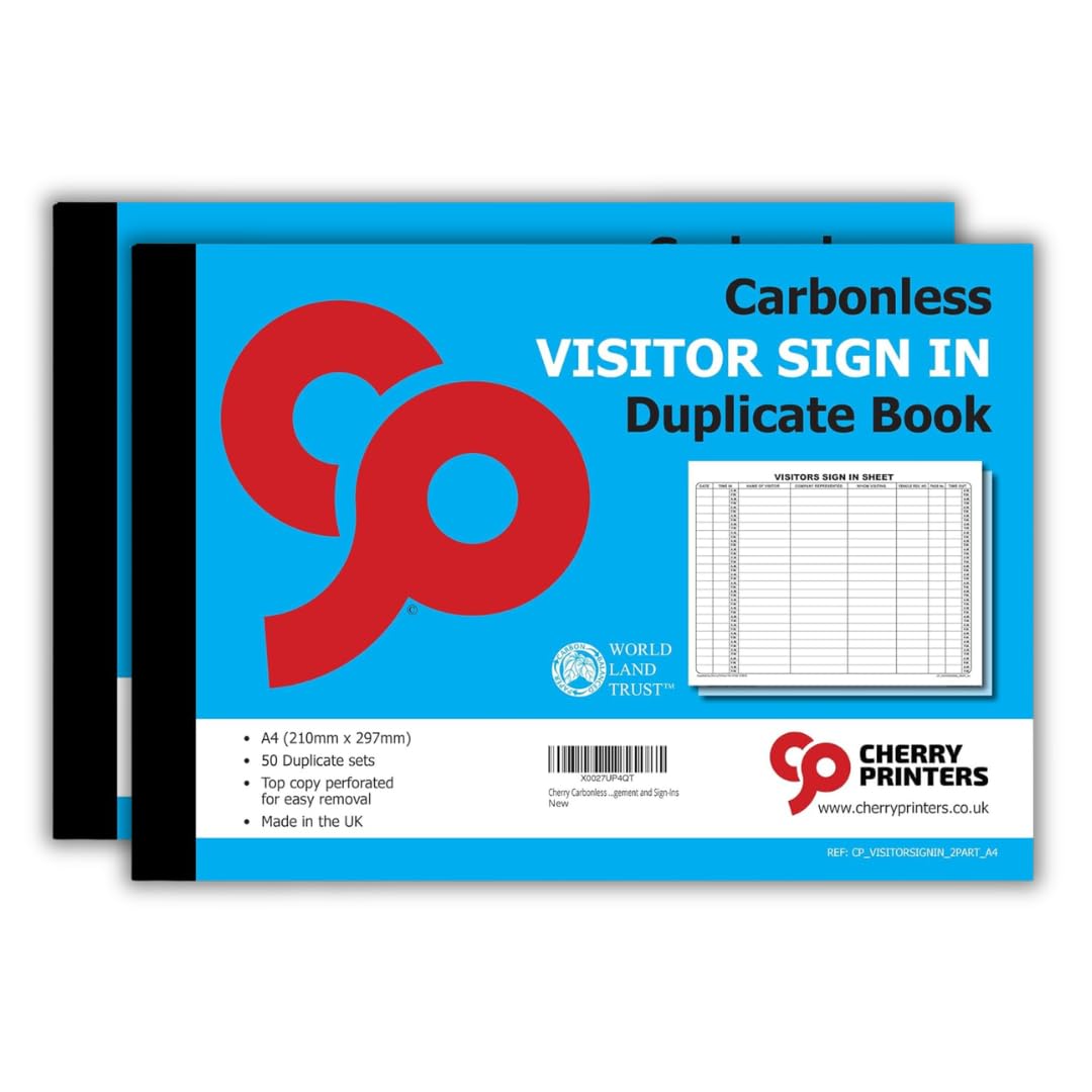 Cherry Printers Carbonless Visitor Sign in Duplicate Book A4 | 50 Duplicate Sets | Top Copy Perforated for Easy Removal | Professional Record Pad for Visitor Management and Sign-Ins | 2 Pack