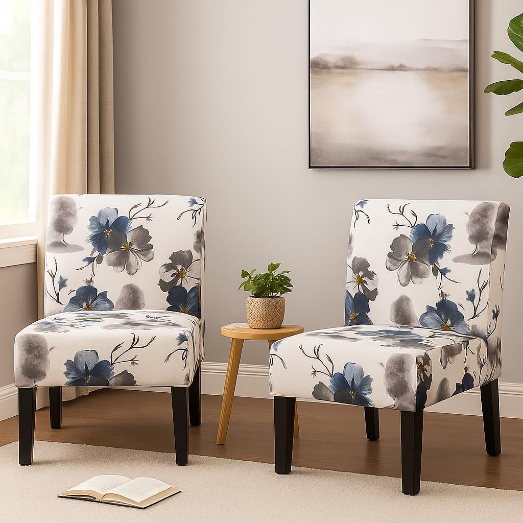Christopher Knight Home Kendal Set of 2 Fabric Upholstered Club Chair, Floral Print Modern Armless Accent Chair for Living Room, Comfy Slipper Chair for Bedroom Home Office, Blue+White