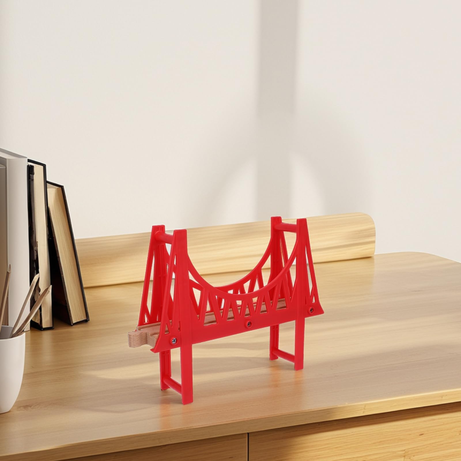 LUOZZY 3pcs Wooden Double Train Track Bridge Red Sea Crossing Bridge Model Fun Railway Accessories for Kids