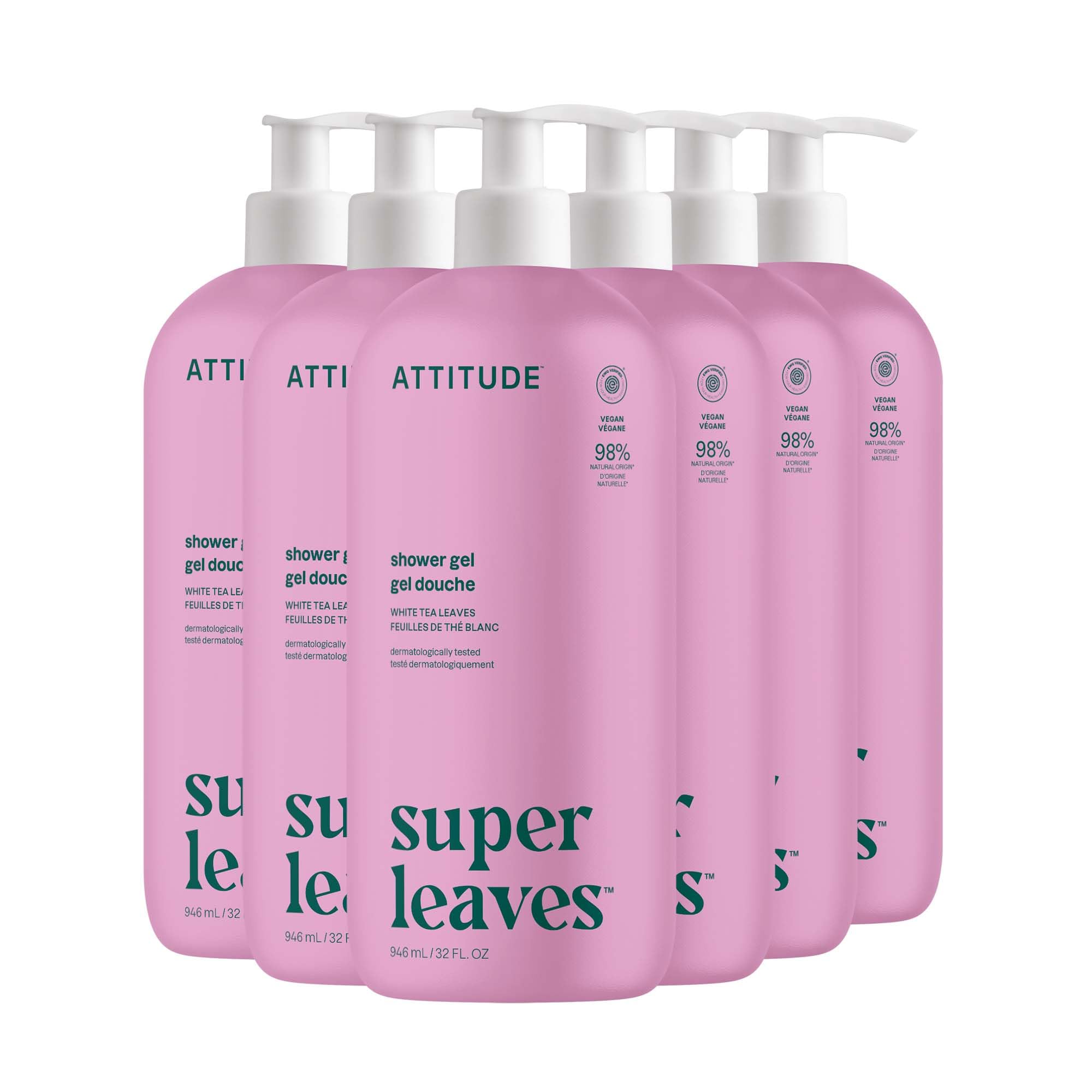 ATTITUDE Body Wash, EWG Verified Shower Gel, Dermatologically Tested, Plant and Mineral-Based, Vegan Personal Care Products, White Tea Leaves, 32 Fl