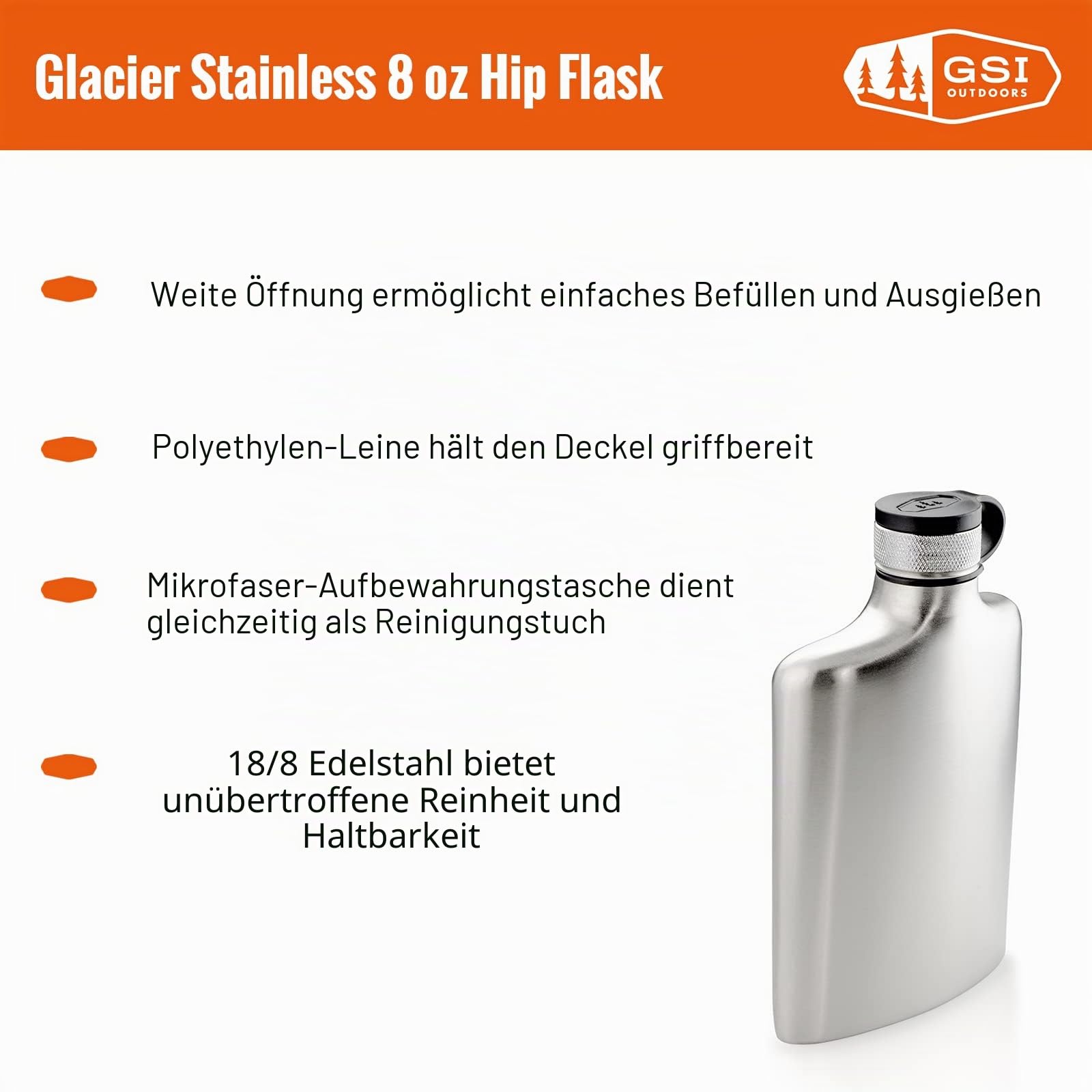 GSI Outdoors Glacier Stainless Hip Flask 8 oz Flachmann, Unisex Erwachsene, Silber, 8 oz