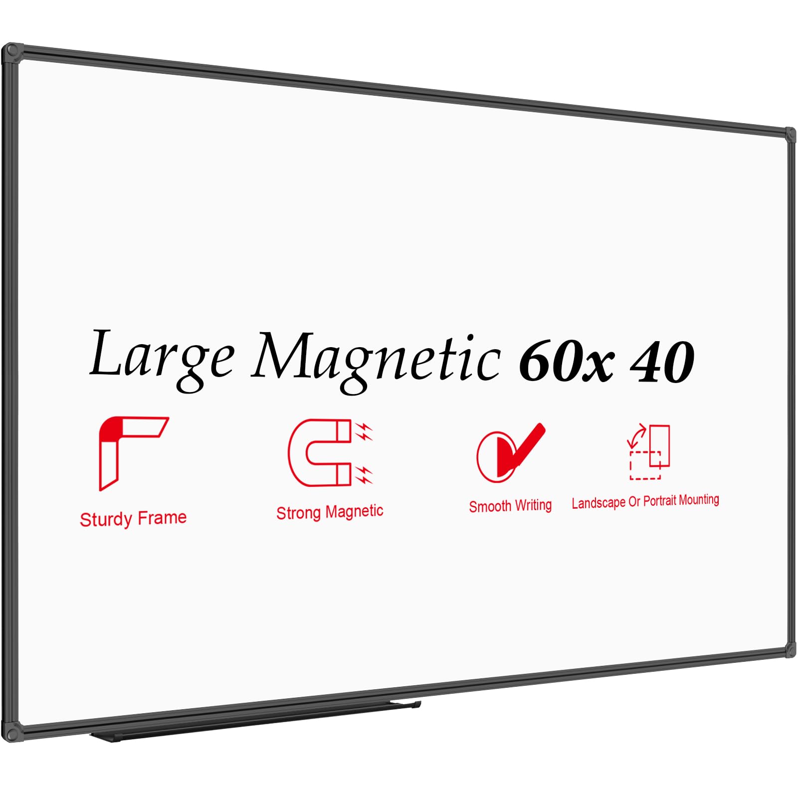 JILoffice Large Magnetic White Board, Dry Erase Board 60 x 40 Inch, Black Aluminum Frame Wall Mounted Board for Office Home and School