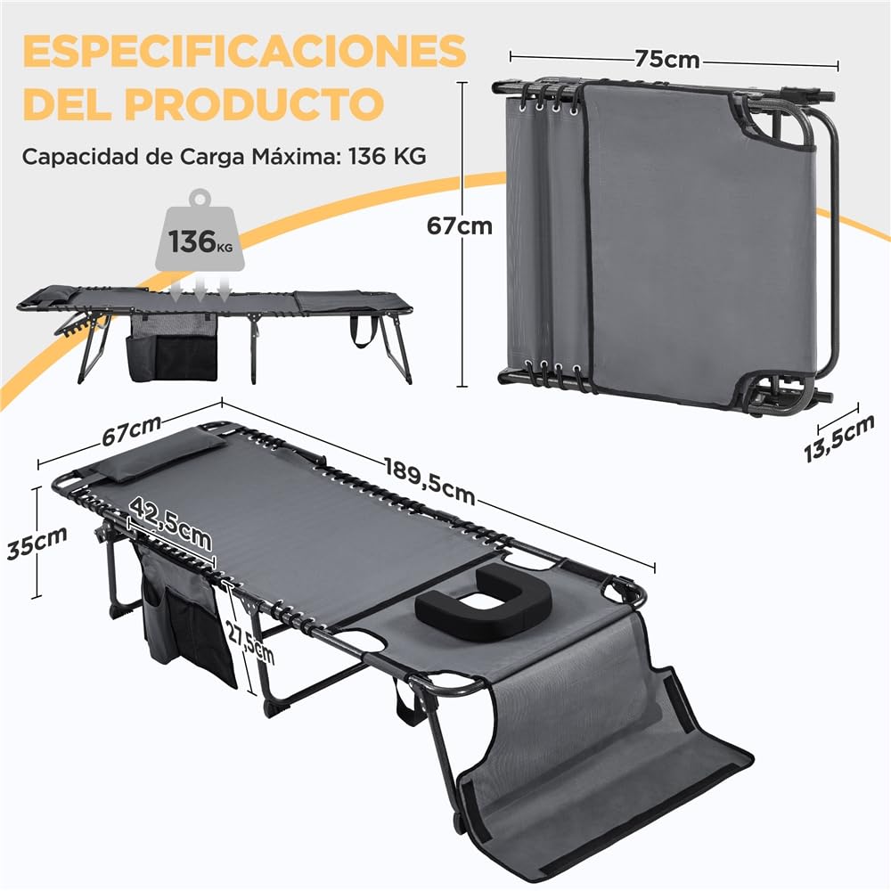 Yaheetech Cama de Camping Plegable con Colchón Extra Grueso,Cama Portatil Dormir con Almohada y Respaldo Ajustable en 5 Posiciones