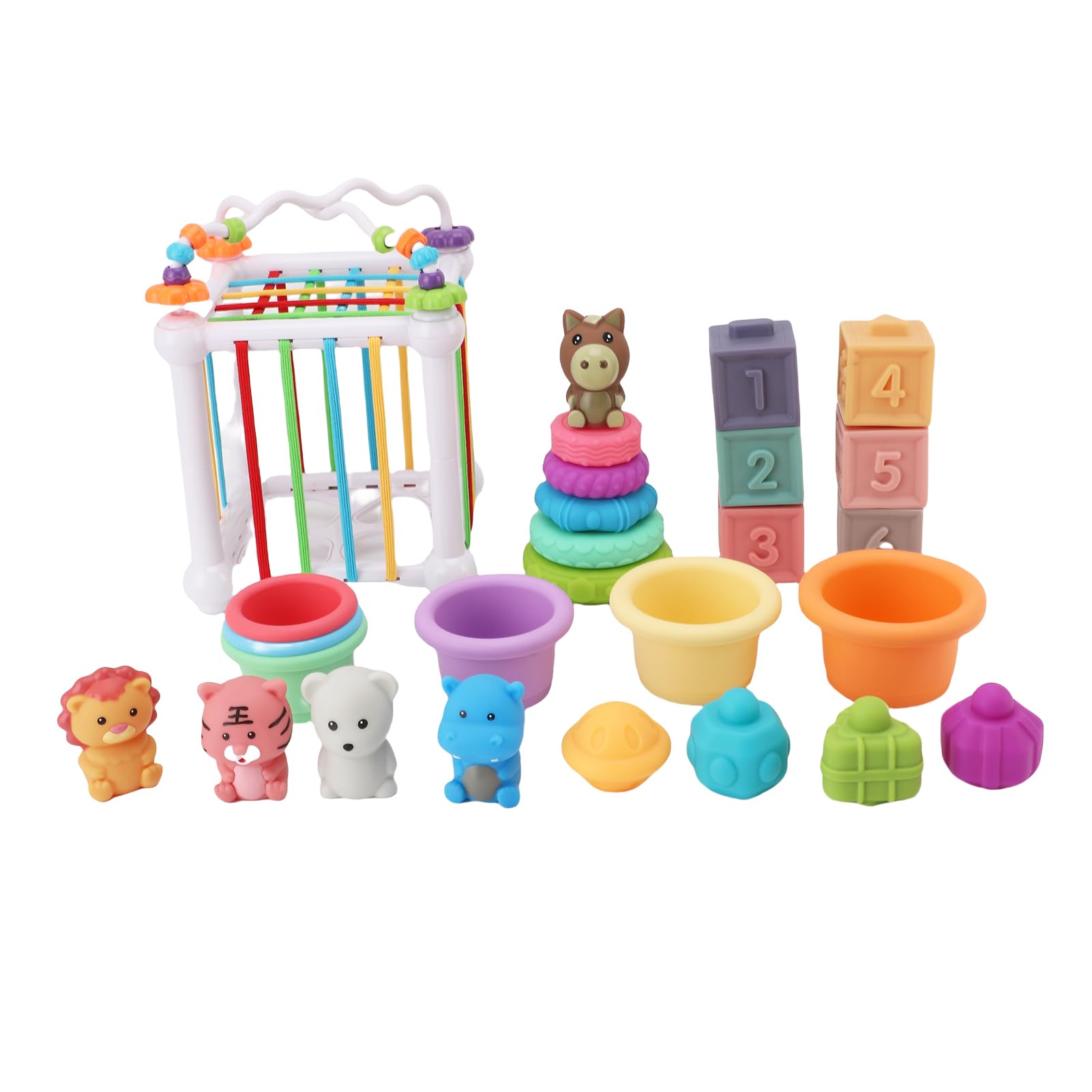 Jiawu Bloques Apilables, Bloques de Construcción Suaves para Juegos Acuáticos para Bebés con Juego de Tazas Apilables para Juguetes de Baño de Aprendizaje Temprano para Bebés