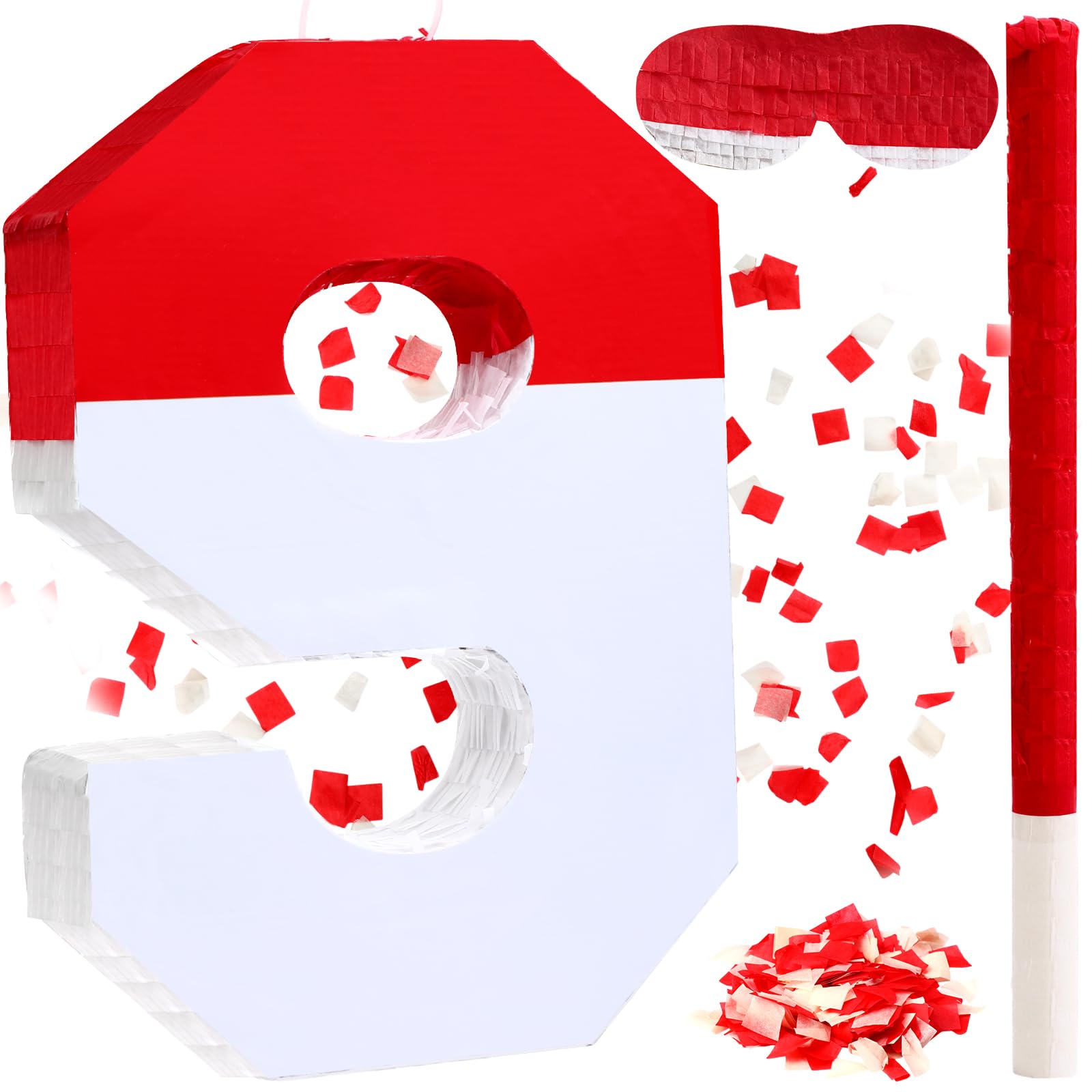 Poen Piñata a forma di numero, con maschera per gli occhi e coriandoli, piñata rossa e bianca, per bambini, ragazzi, ragazze, compleanni, anniversari, celebrazioni, forniture per feste, 40 x 28 x 7,1
