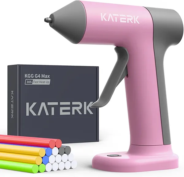 Katerk Cordless Hot Glue Gun Kit, 30s Fast Heating, Mini Glue Gun with 20 Glue Sticks, Compact & Portable with 2500mAh Built-in Battery, Auto Shut-Off, Ideal for DIY, School Crafts & Repairs (Pink)