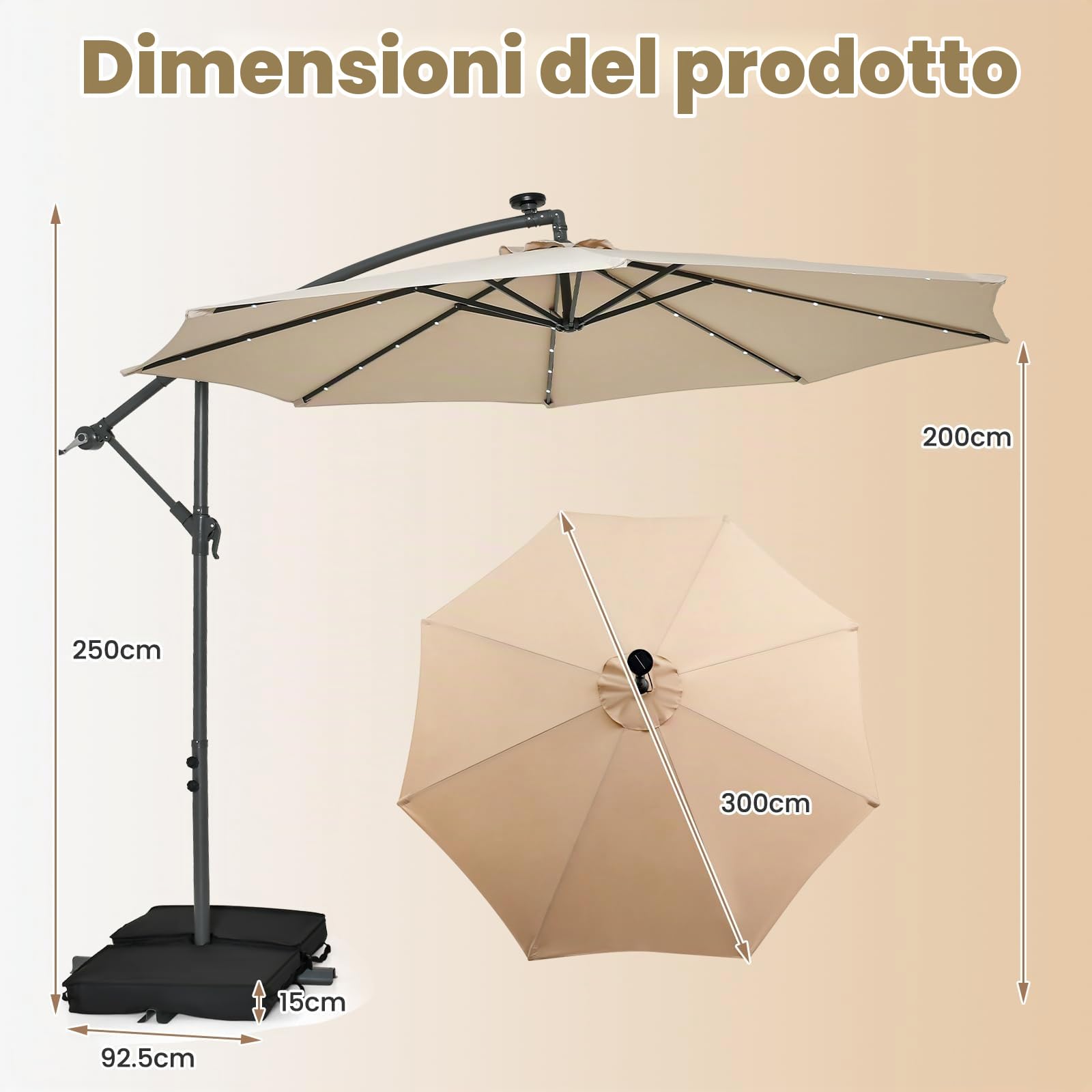 KOMFOTTEU Ombrellone da Giardino con LED e Pannello Solare, Ombrellone Parasole con Sacchi di Sabbia, Anti UV, Impermeabile, Regolabile ad Angolo, Ombrellone da Giardino 3x3 con Manovella