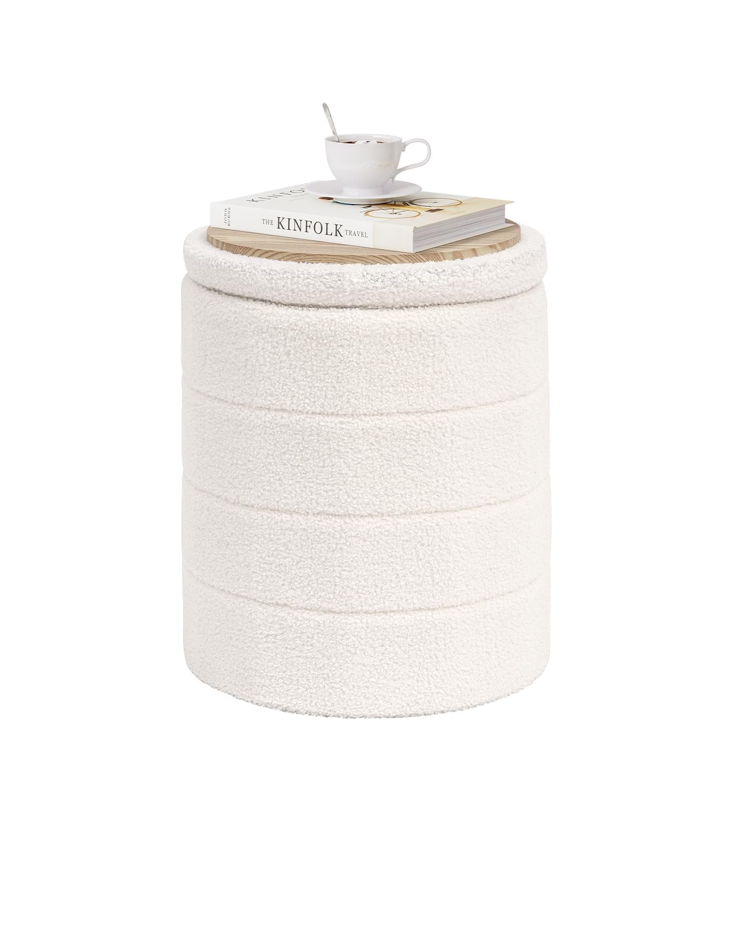 PINPLUS Puff con Almacenaje, Redondo Taburete Baúl Plegable con Tapa Reversible, 37x37x45 cm para Salón, Dormitorio y Pasillo, Blanco