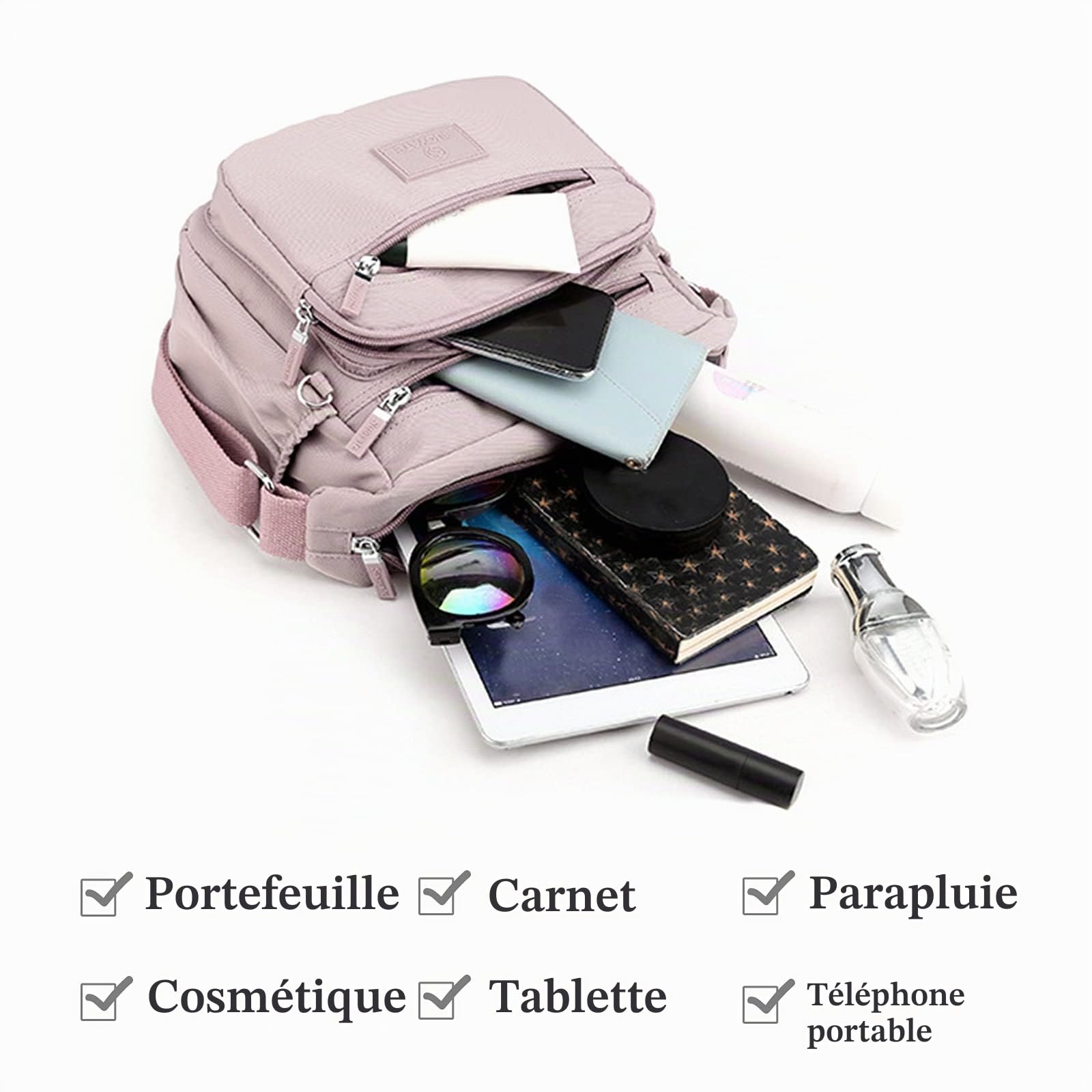 Femme Sac à Bandoulière Sac D'épaule de Loisir Multi-Poches Nylon Sac de Messager Sac à Main pour Voyage Randonnée Usage Quotidien