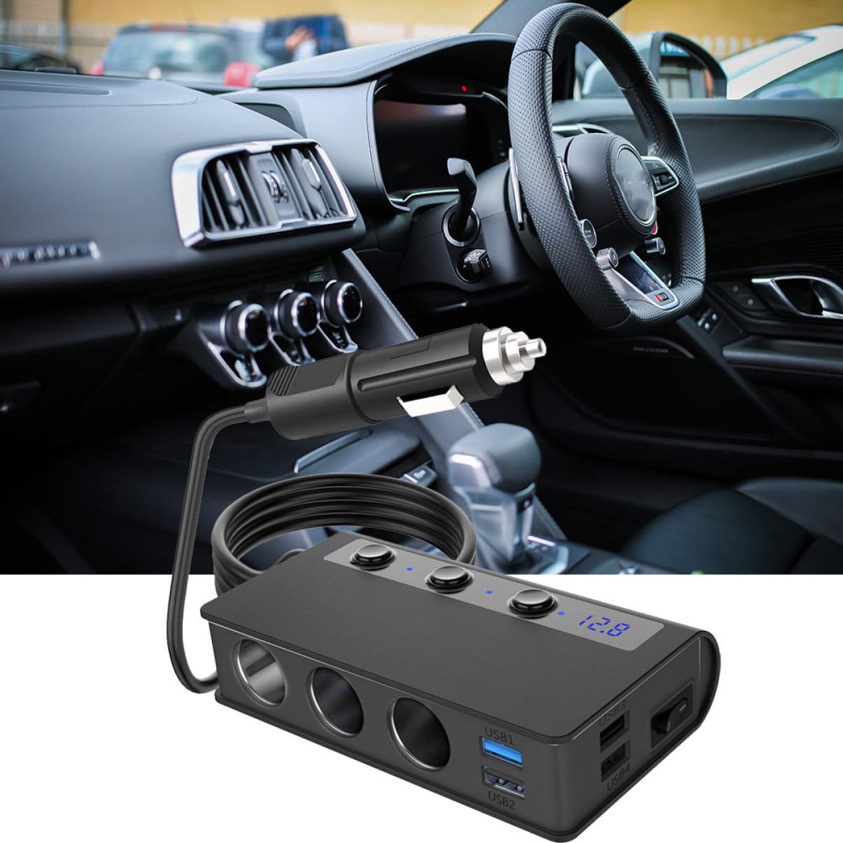 OSALADI Adattatore Accendisigari Auto 3 Prese 4 Porte Usb, 180w, PC Nero, per Mp3 e Luci Usb, Protezione da Corto e Sovracorrente