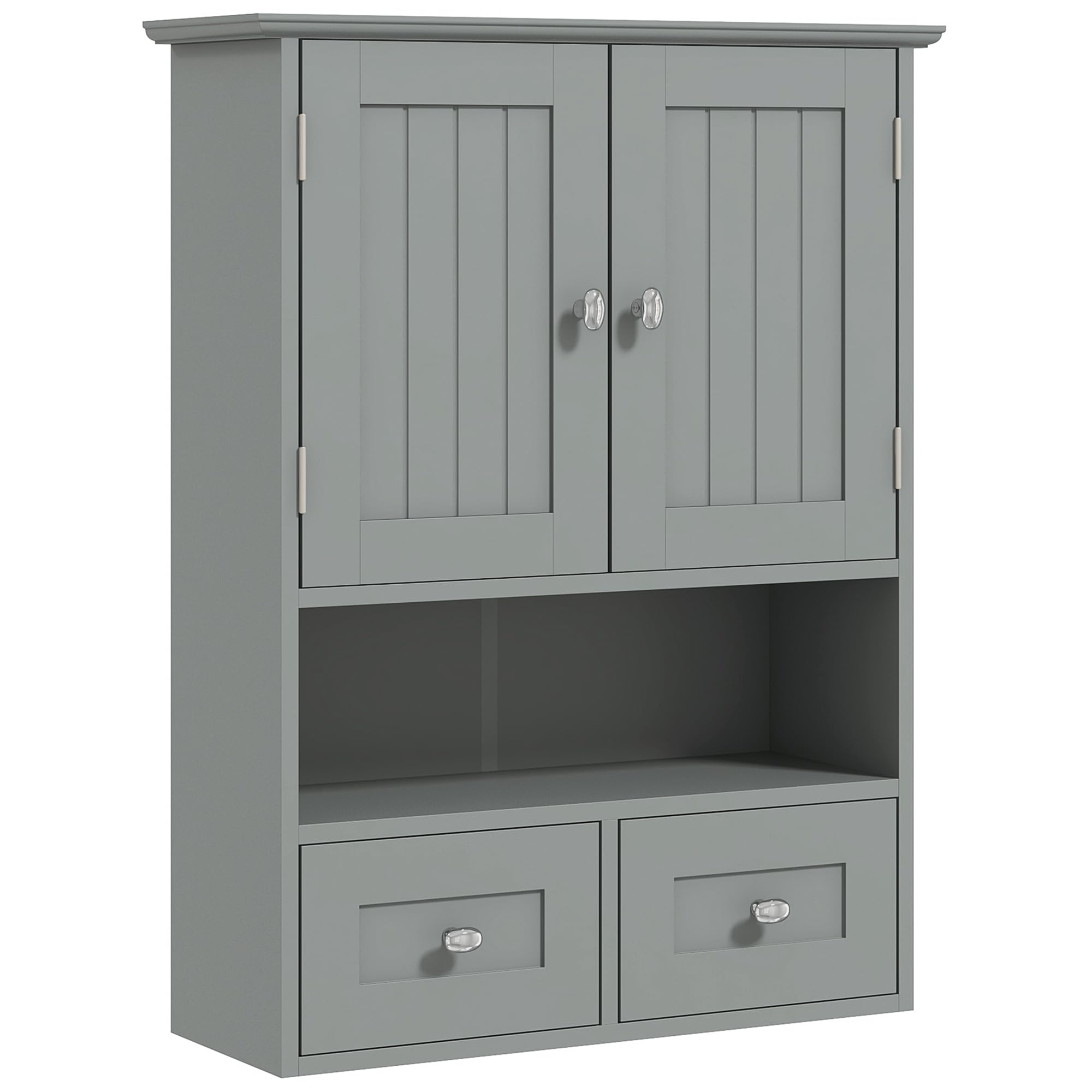 kleankin Armoire Murale de Salle de Bain, Armoire de Toilette, avec Portes Doubles, étagère Ouverte, 2 tiroirs pour Ranger, 50,8l x 17,8P x 66H cm, Gris