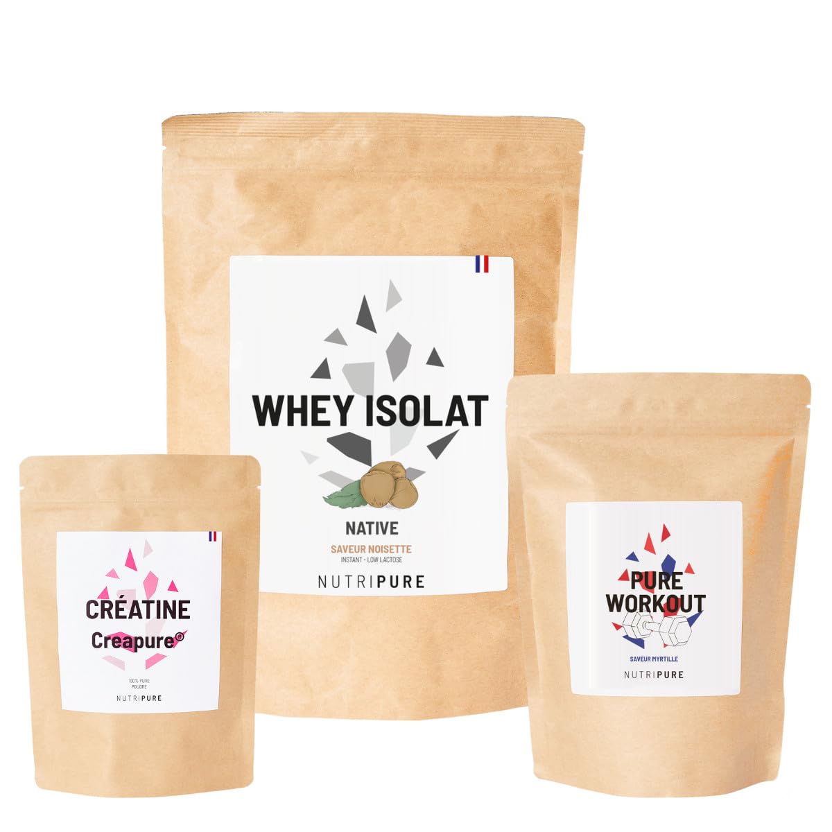 Nutripure | Pack Prise de Muscles | Whey Isolate Native + Créatine Monohydrate Poudre + Pre Workout (EAA, BCAA) | Idéal pour Musculation, Prise de Masse Musculaire, Fatigue Musculaire | Goût Noisette