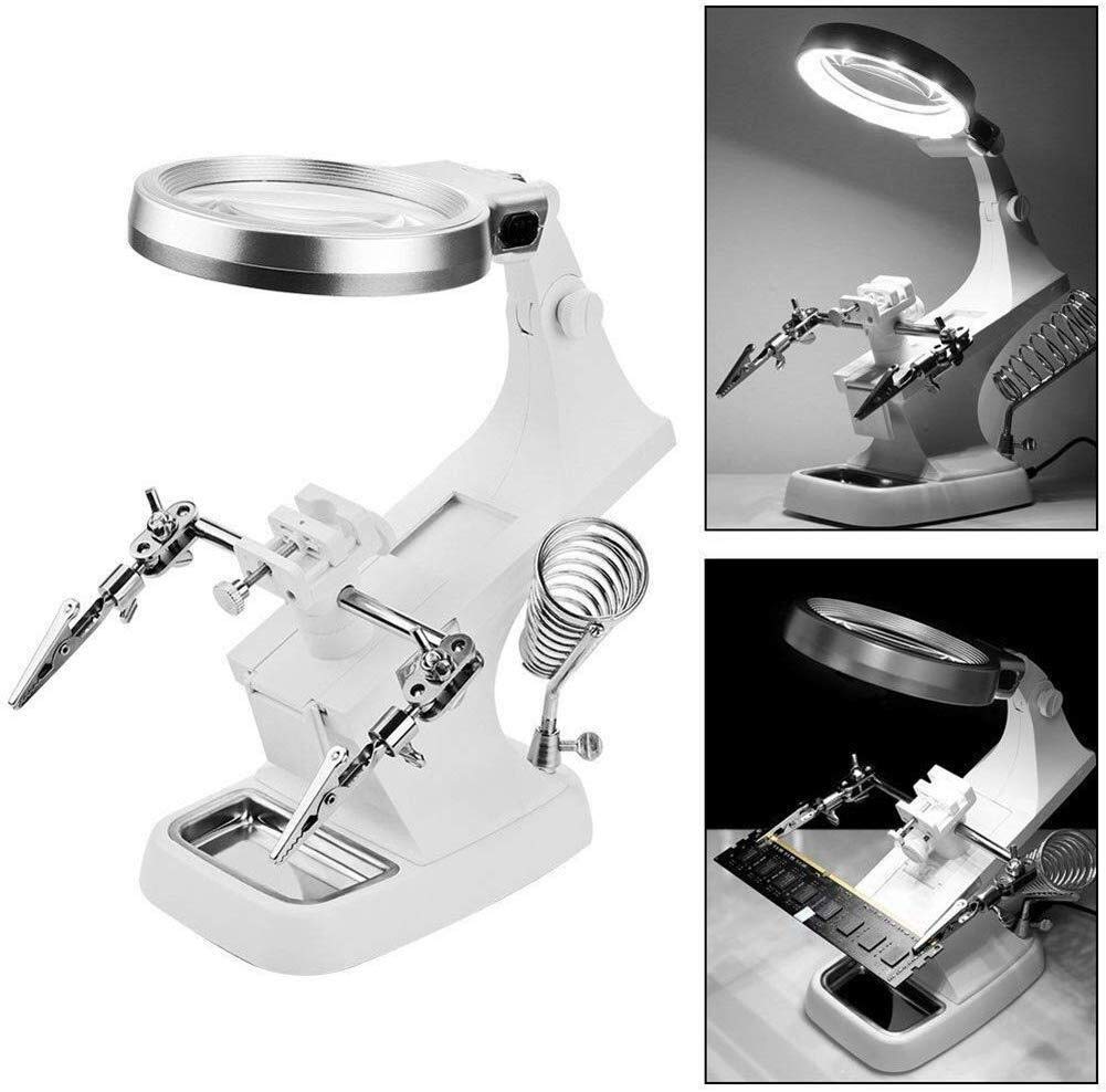 EUQKKWLOY Lupa de Escritorio con luz LED 3X, 4.5X y 10 LED, con Pinza de reparación Tipo cocodrilo y Soporte Auxiliar.