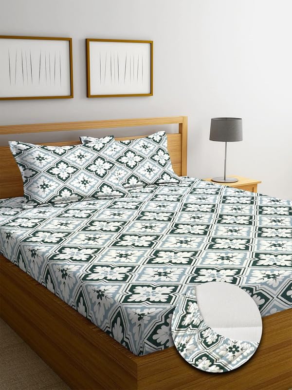 Image of NHD HOME Cotton Fitted King Size Double Bedsheets with 2 Pillow Covers | Elastic Fitted | Wrinklefree | Ultrasoft |All Season Bedsheet 210 tc tc Floral | 78 x 72+8 Inches, White Blue Floral