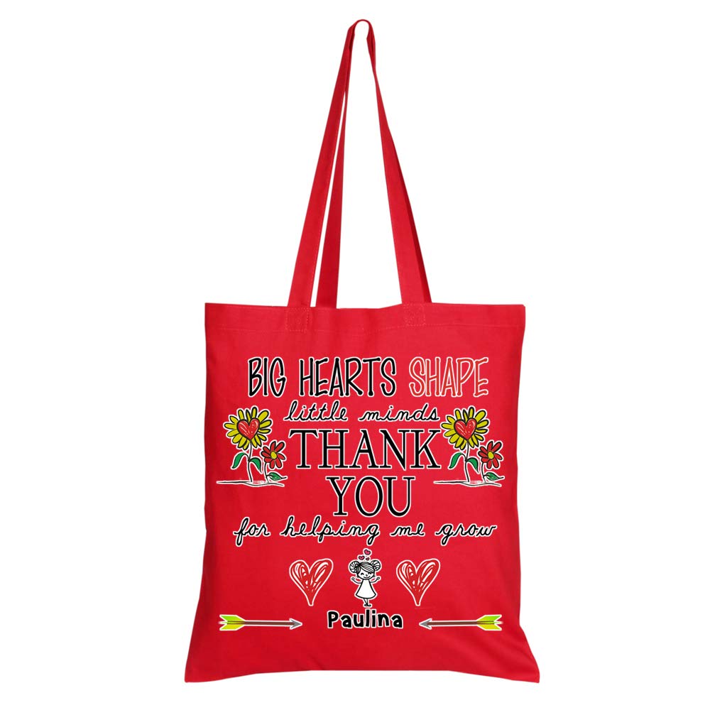 Getagift Personalised Big Hearts Shape Little Minds Thank You For Helping Me Grow Teachers Day Themed Funny Tote Bag-Cotton Shopping Bag. (Red)