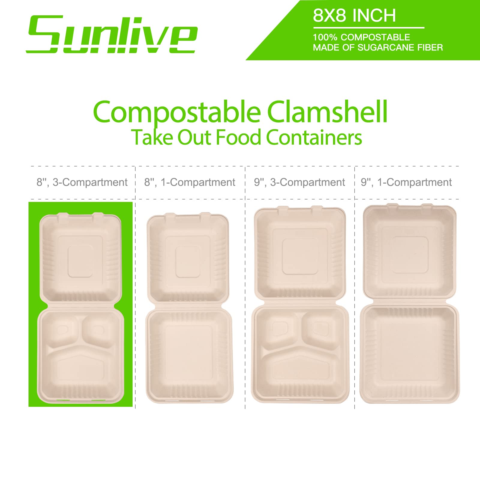 Sunlive 8X8'' 3-Compartment 50 Pack Disposable Clamshell Take Out Food Containers, 100% Home Compostable to go Containers, Heavy-Duty to go Boxes, Eco-Friendly Biodegradable, Made of Sugarcane Fibers