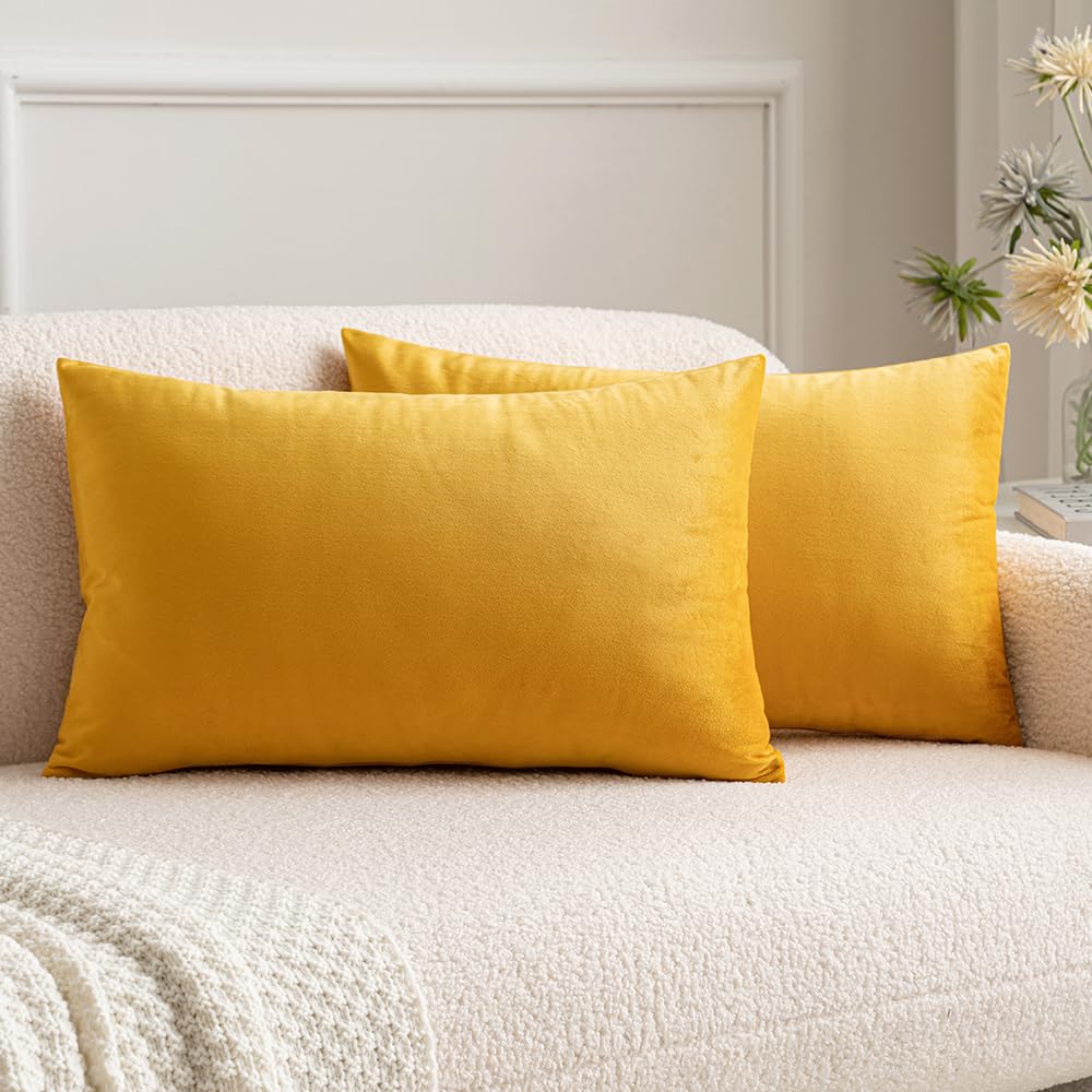 MIULEE Velvet Soft Soild Microfiber Decorative Square Pillow Case Throw Cushion Cover for Sofa Bedroom with Invisible Zipper 12x20 Inch 30x50cm Orange-Yellow Set of 2 Lined