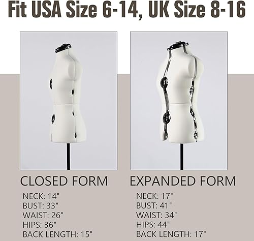 Miniatura 2 de Maniquíes de vestido ajustable beige para costura femenina, tamaño pequeño 6-14 y tamaño grande 12-18, modelo de algodón con 13 diales, base