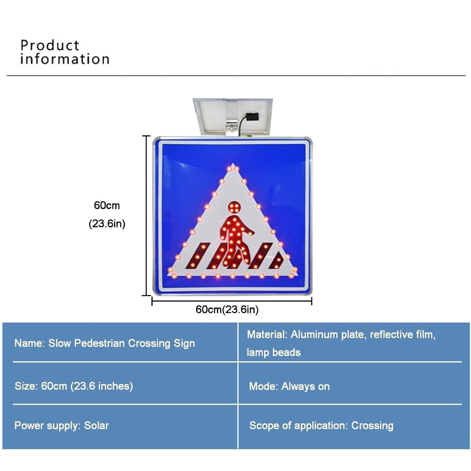 Señal de control de tráfico impermeable con energía solar, luz de cruce de peatones, visibilidad nocturna inteligente, 60 cm para carreteras y seguridad vial