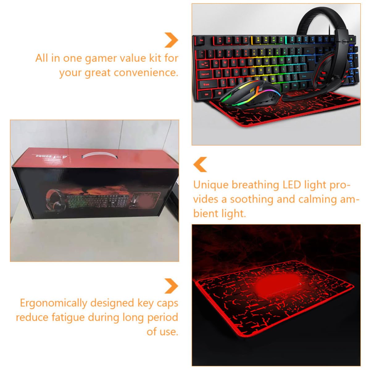 Juego de Teclado, Ratón Ergonómico y Auriculares Alfombrilla para Ordenador, Diseño Especial en Abs, Conexión USB 2.0 y 3.5mm para Gaming y Oficina