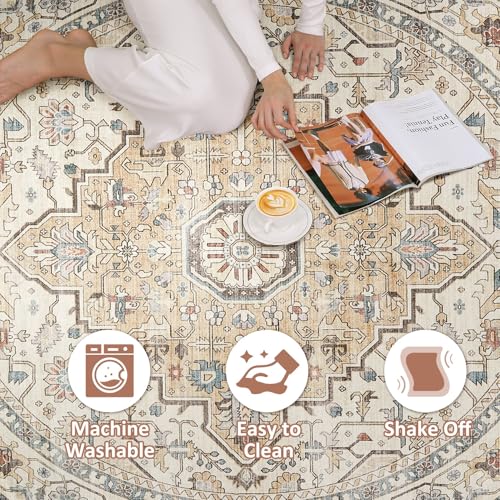 Round Rug Living Room Rugs: 6Ft Washable Boho Neutral Large Circle Soft Indoor Floral Stain Resistant Floor Farmhouse Carpet for Bedroom Nursery Kids Playroom Office Dining Room Dorm Home- Cream Blue