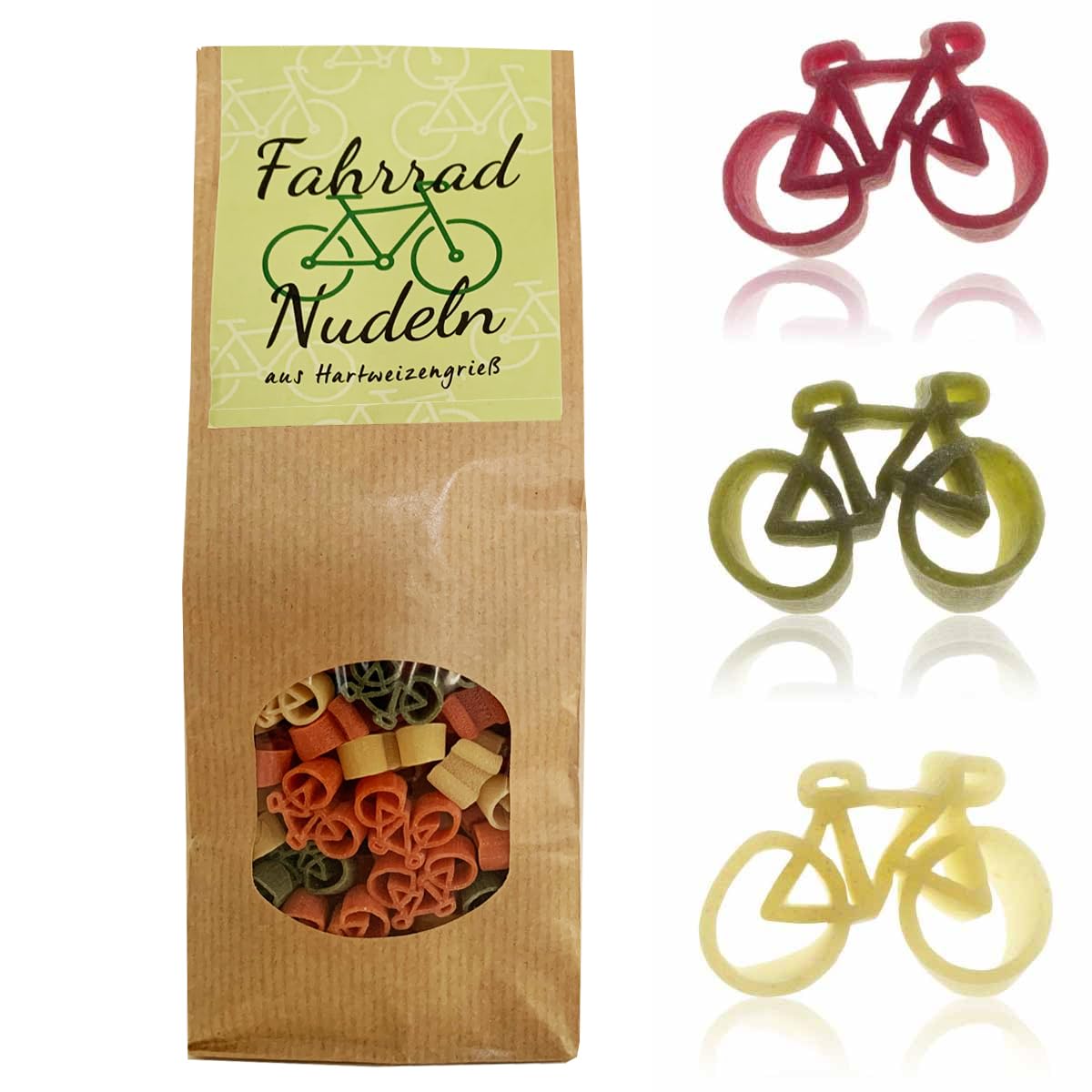 Feinkost Geschenk-Set Fahrrad – Nudeln in Fahrradform 225g, Pasta Sauce 200ml, Mediterrane Gewürze 35g & Fahrrad-Schlüsselanhänger – Originelles Geschenk für Radfahrer in Tragetasche