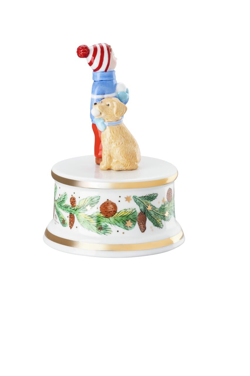 Hutschenreuther Collection de Noël 2025 « Jeux de Noël », Petite boîte à Musique, Hauteur : 12,5 cm, diamètre : 9 cm, mélodie : Votre Enfant Arrive