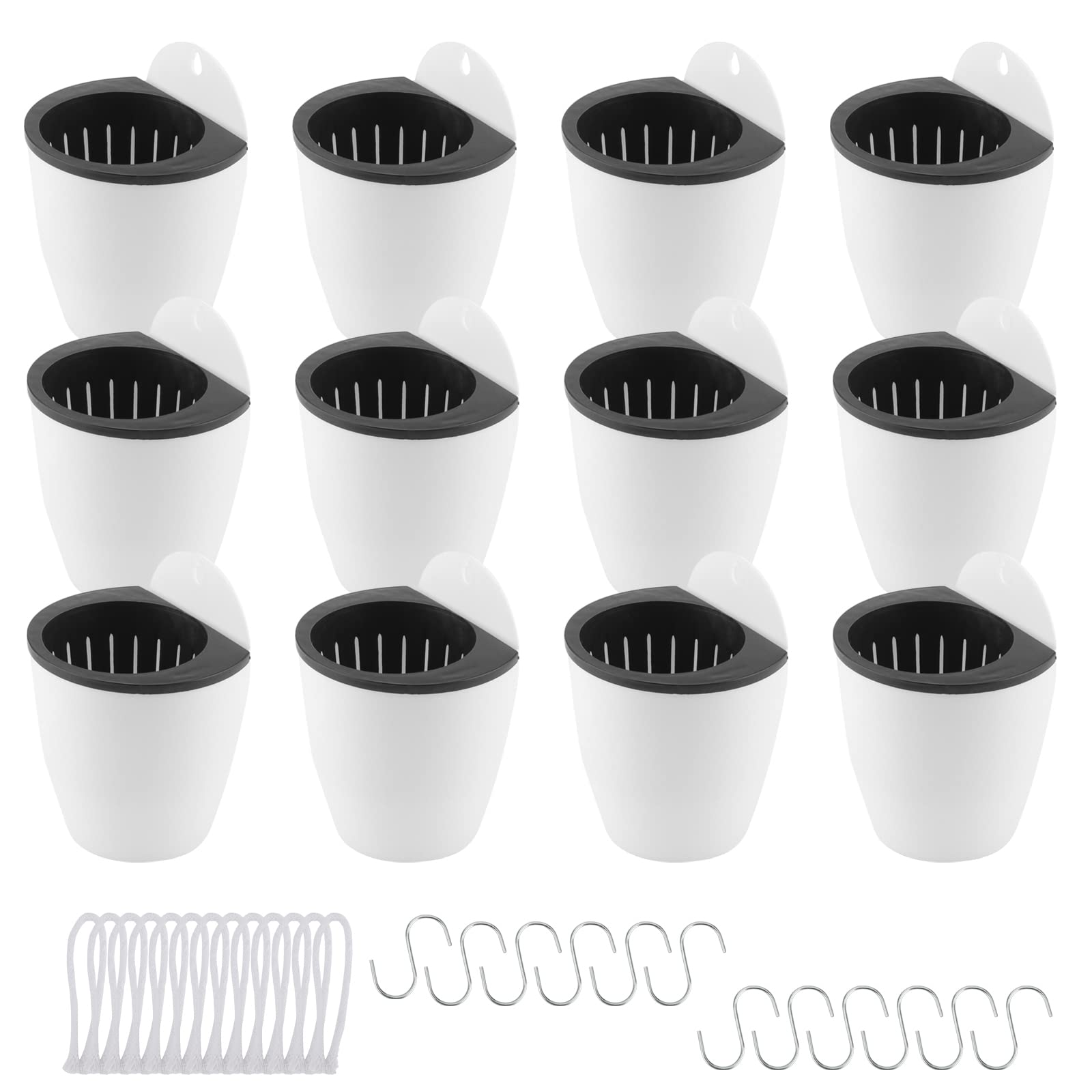 Photo 1 of LEXININ 12 Pack 4 Inch Self Watering Hanging Planter, White Plastic Wall Mounted Planter Pots with Cotton Rope and Hook, Vertical Flower Pot for Plant Garden