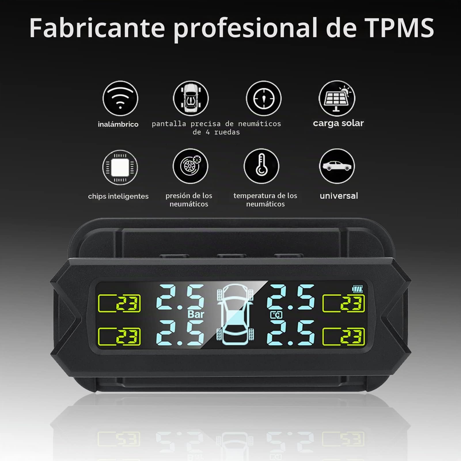 Shkalacar USB/Solar TPMS 0-81 PSI Sistema de Control de Presión de Neumáticos con 4 Sensores, 5 Modos de Alarma, Pantalla LCD con Retroiluminación Automática para Coche Sedán SUV MPV (Interno)