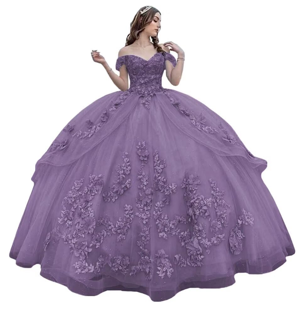 Mauuwy 3D Floral Quinceanera Dresses Ball Gown Puffy Sparkly Tulle Sweet 16 Dresses Off Shoulder Lace Princess Dress Y120
