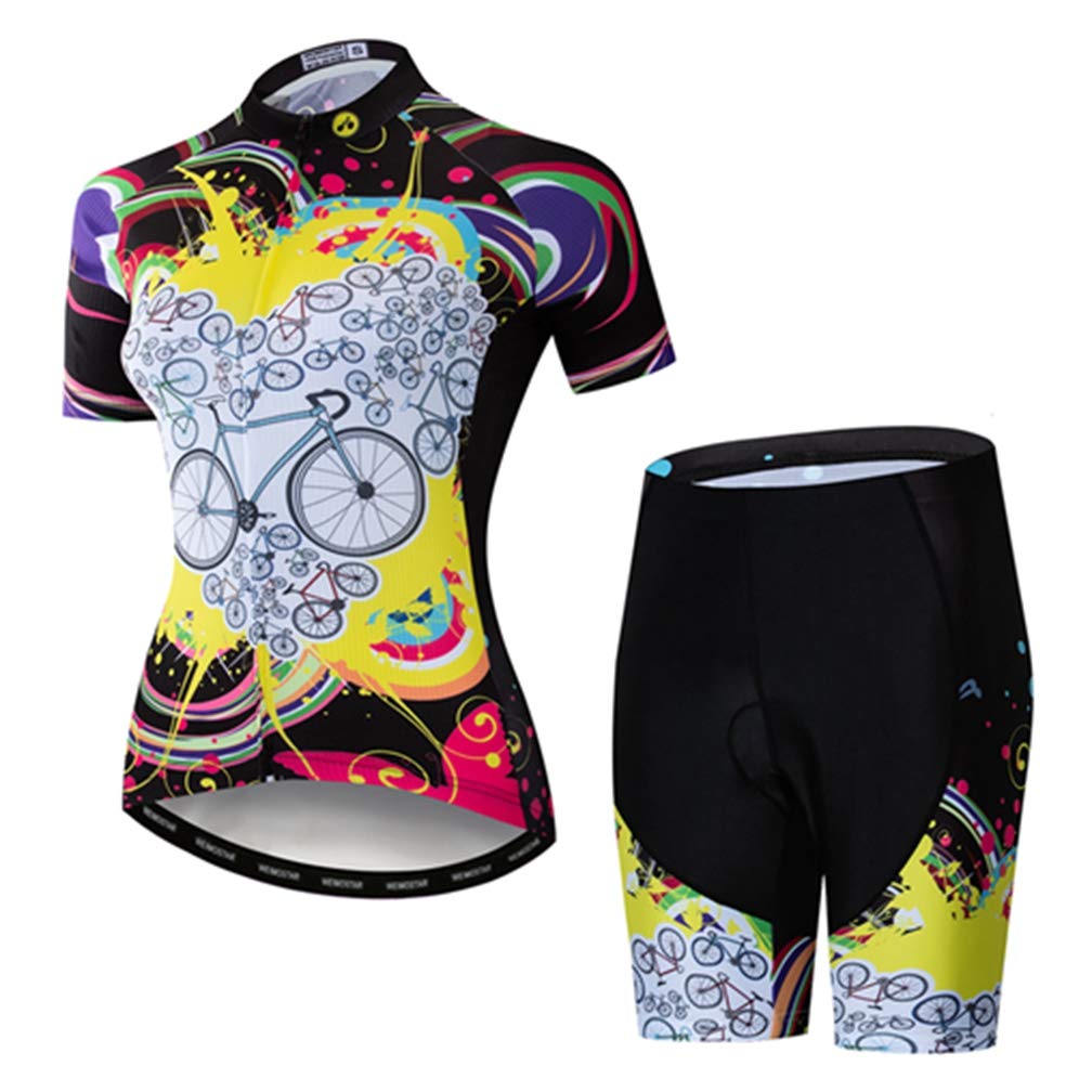 WeimoMonkey Women's Short Sleeve Cycling Jersey Quick Dry MTB Clothing Bike Top + 3D Shorts Set Bicycle Multicolor L