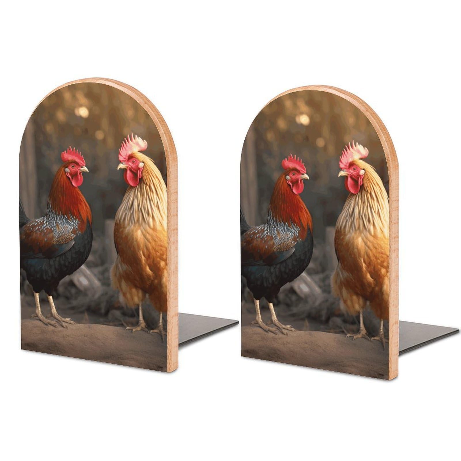 Beech Wood Book Ends Rooster and Chicken Printed Bookend for Shelves Home Decorative Bookends for Heavy Books for Office Bookshelves