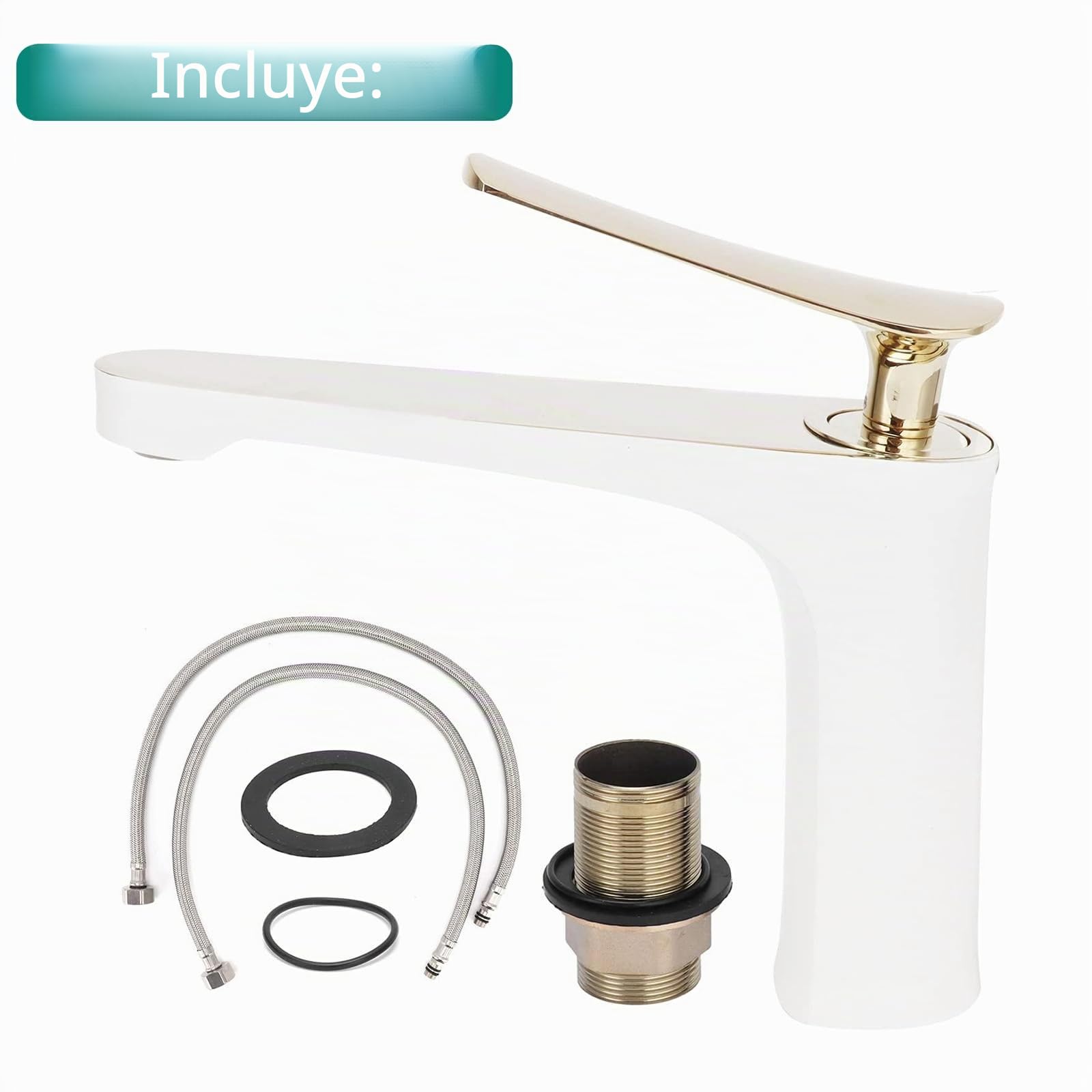 Grifo, blanco + dorado G1/2 totalmente de cobre, grifo de lavabo de un solo orificio, moderno grifo de agua de mezcla fría y caliente, accesorio de baño
