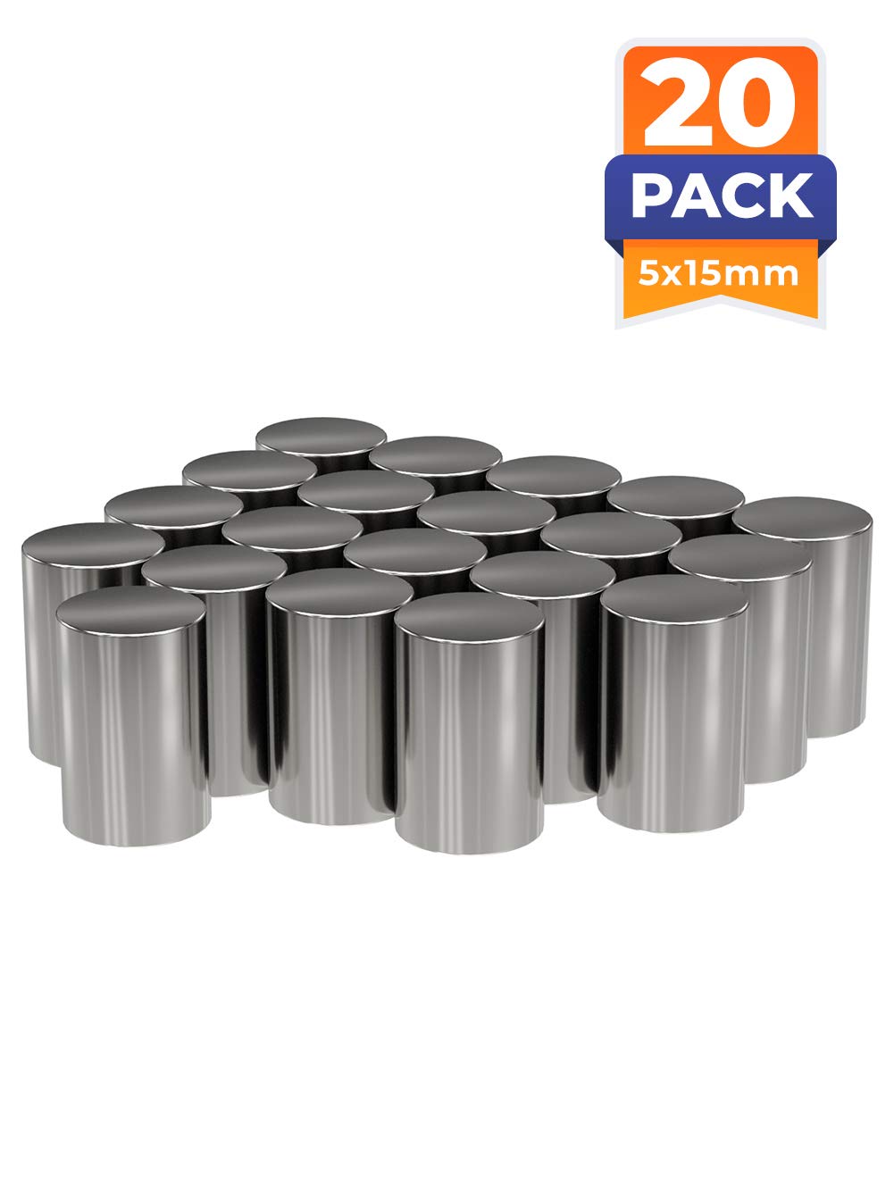MTS Magnete - Juego de 20 imanes de neodimio (1,2 kg, extra fuertes, diámetro de 5 x 15 mm, 20 unidades), color plateado