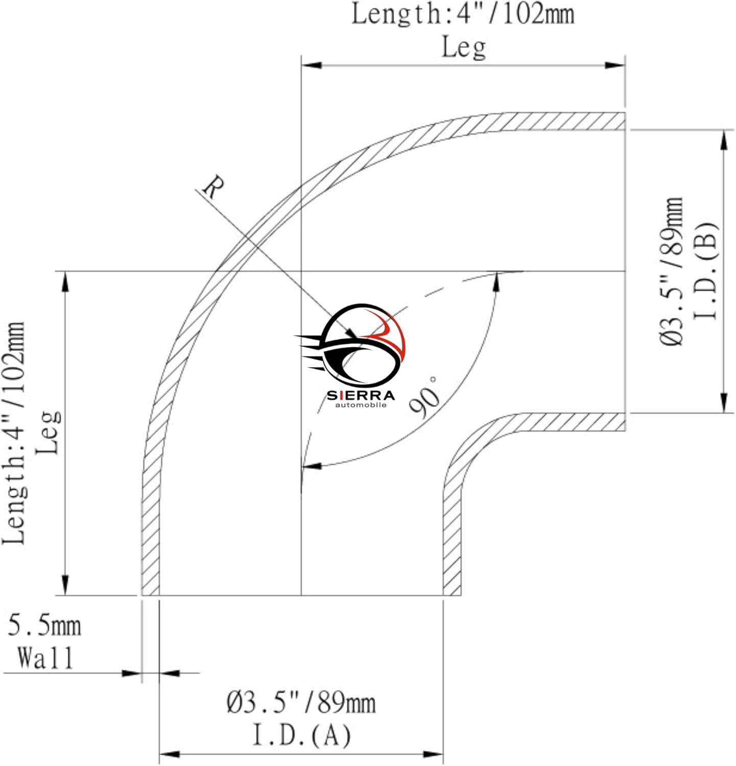 3.5 Inch 89mm 90 Degree Silicone Elbow HoseCompact Leg Des
