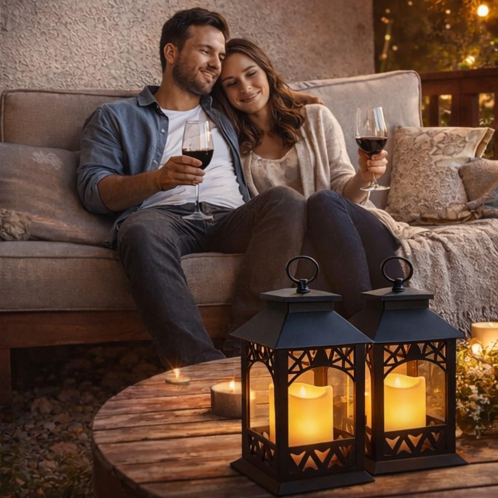 Black Lighted LED Lanterns with Lattice Design - Pillar Candle with 4 Hour Timer Included - Remote Control - Hanging or Sitting Decoration - Set of 2 - 13" H