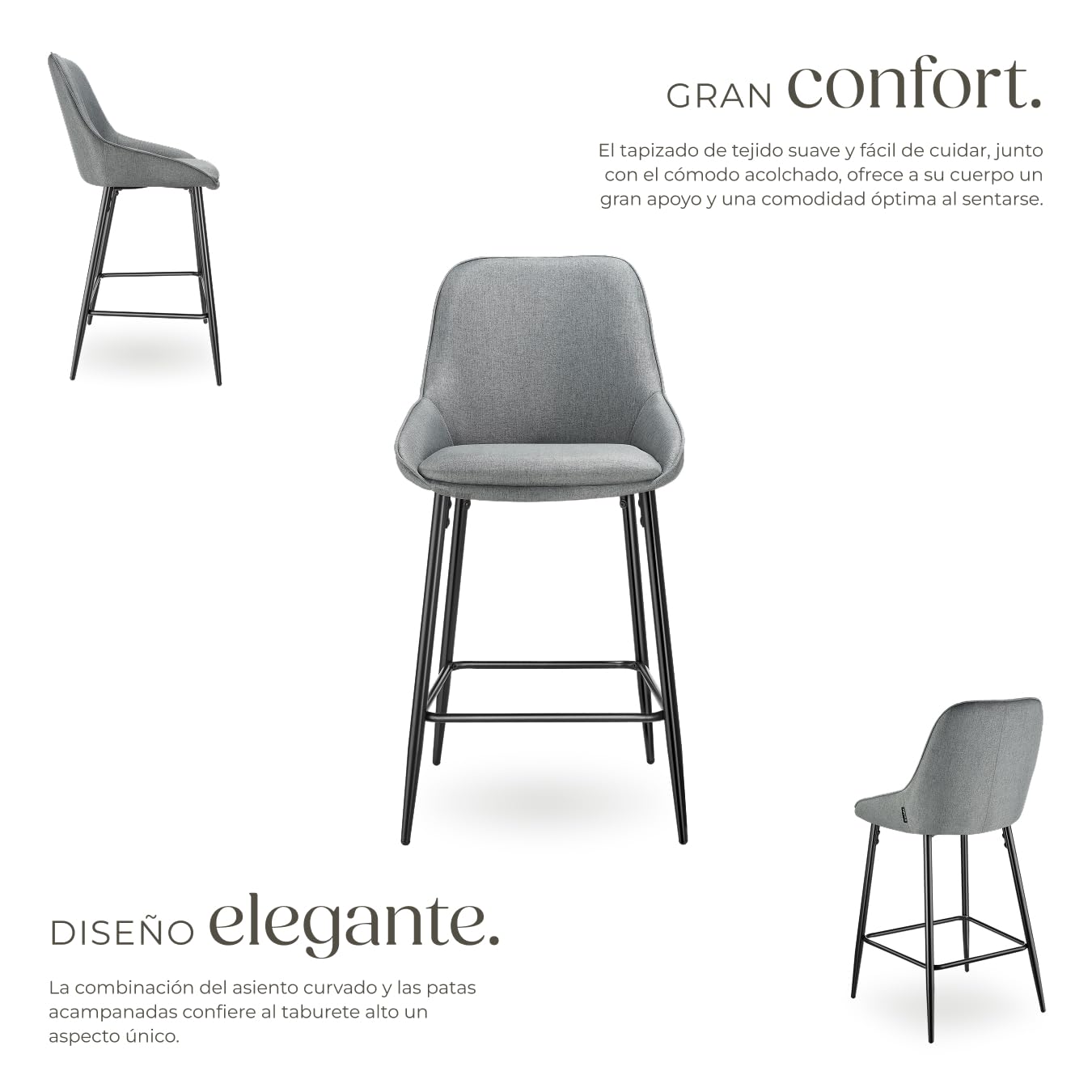 tectake® Taburete Alto con Respaldo, Taburete Cocina con Reposapiés, Silla de Bar Alta, Patas de Acero, Topes Antideslizantes y Regulables, Montaje Rápido, Banqueta - 2 sillas Tejido, Gris/Negro