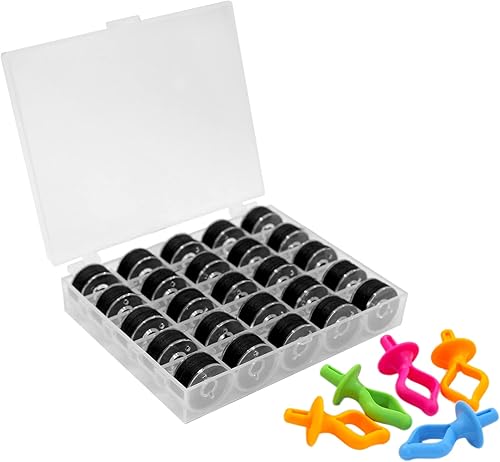 YEQIN 25 piezas de hilo de bobina preenrollado negro y soporte de bobina, tamaño A clase 15 SA156 compatible con Babylock, Brother, Consew, Juki,