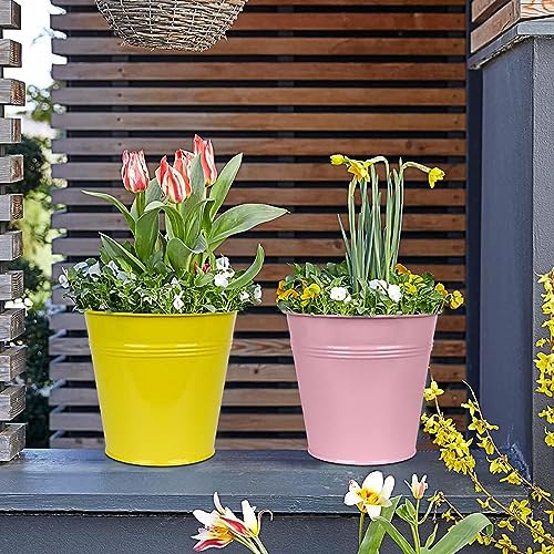 Wensmy 4PCS Metal Hanging Plant Flower Pots with Drainage Hole Fence Balcony Railing Planters Outdoor Garden Pots with Detachable Hooks (Yellow) - Image 3